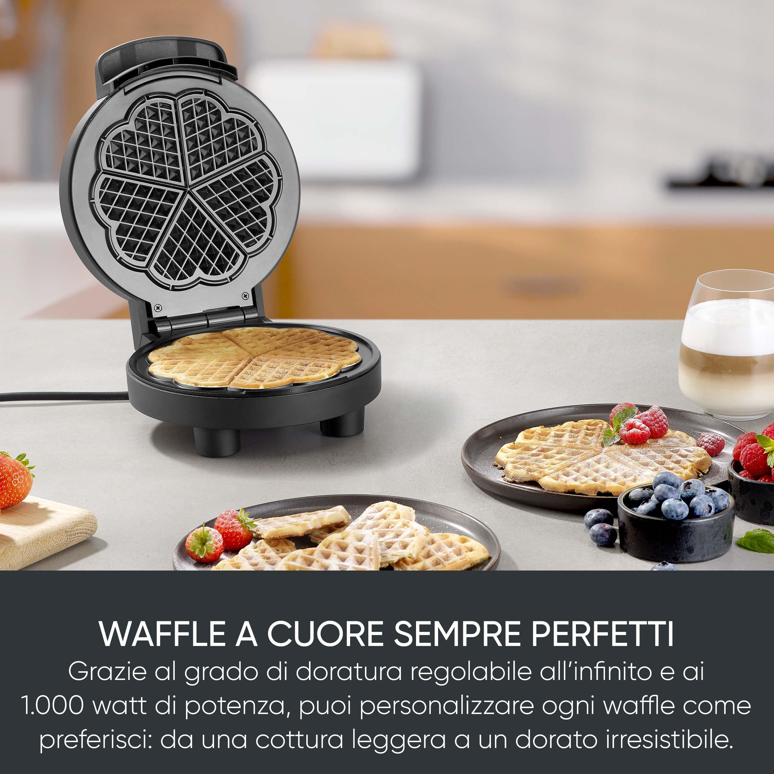 SEVERIN WA 2117 - Piastra per waffle Black Line, a forma di cuore, con spia di controllo, pratico avvolgicavo, 1000 Watt, nero/acciaio inossidabile, WA 2117