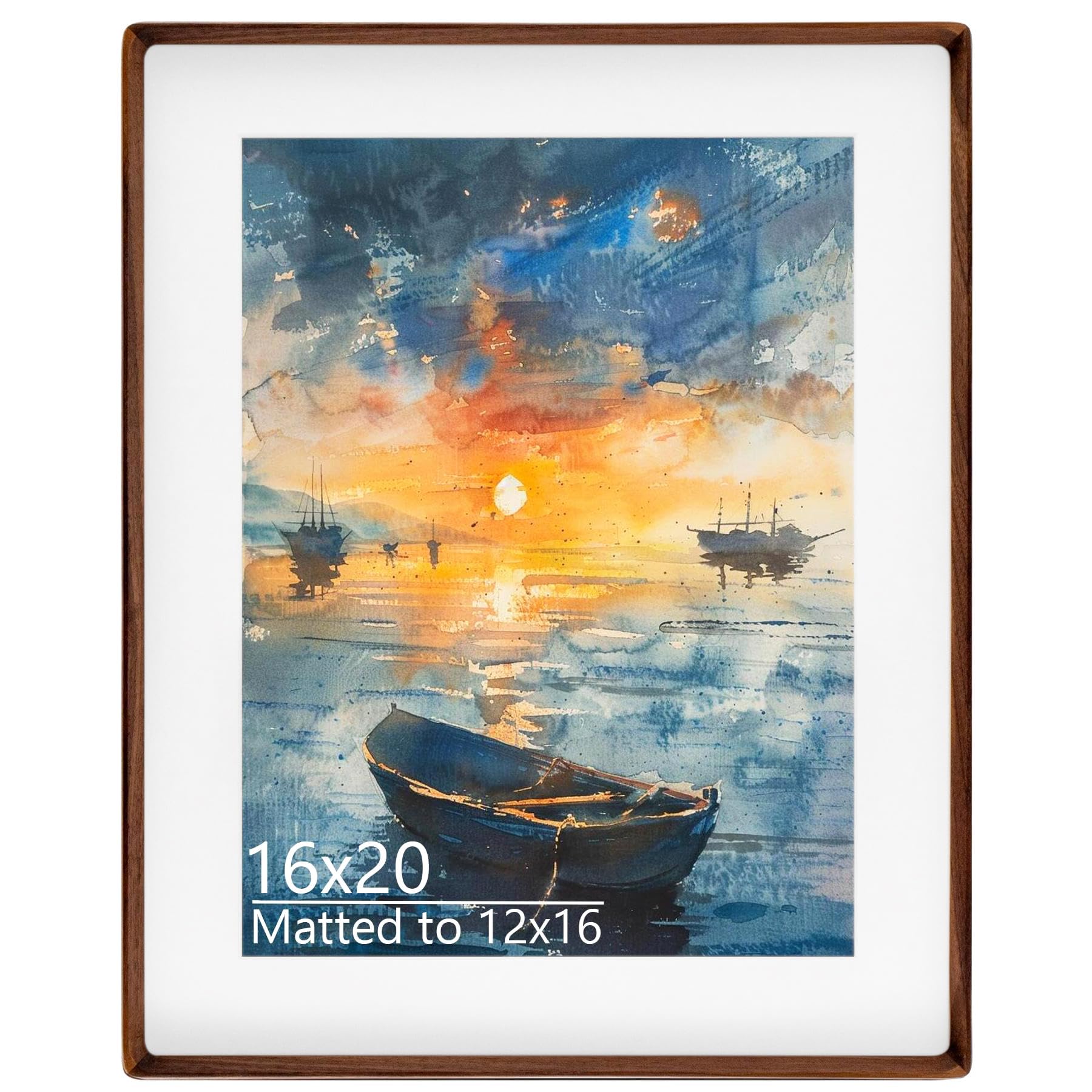 Husteria 16x20 inches Picture Frame in Natural Walnut Wood, Solid Wooden Photo Frames Matted to 12x16 Inches , Gallery Poster Frames for Wall Mount