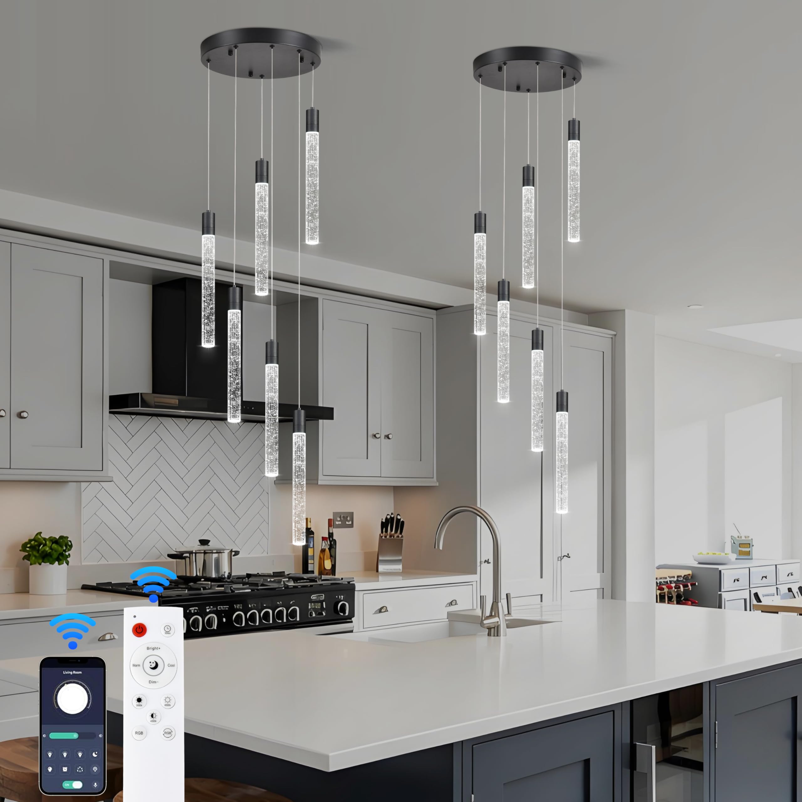 6 Light Pendant Lights,LED Bubble Crystal Pendant with Dimmable,Black