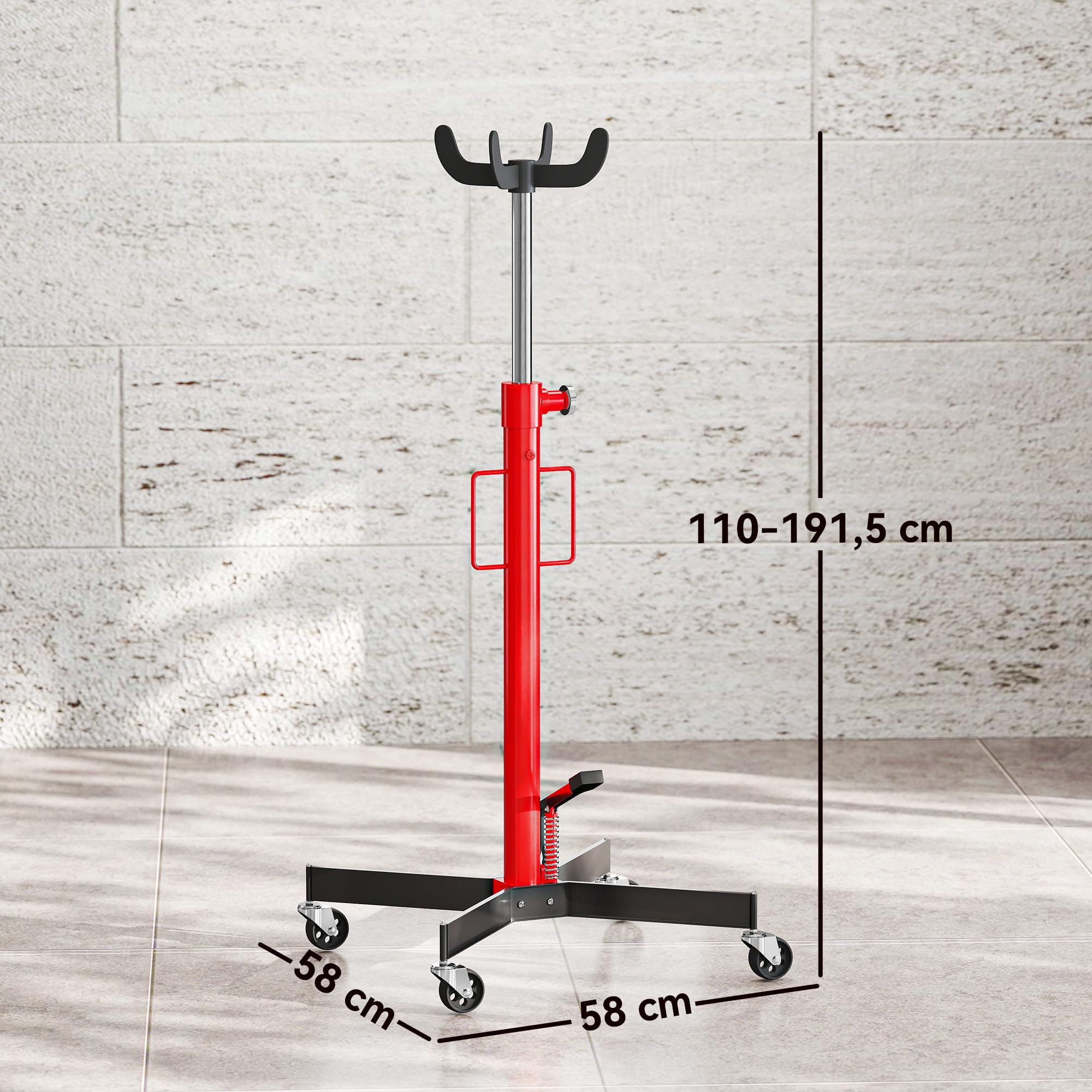 HOMCOM Cric idraulico per cambio, cric di sollevamento in acciaio 500 kg, altezza regolabile 110-191,5 cm, cric idraulico per cambio 4 ruote, pedale, per auto, rosso