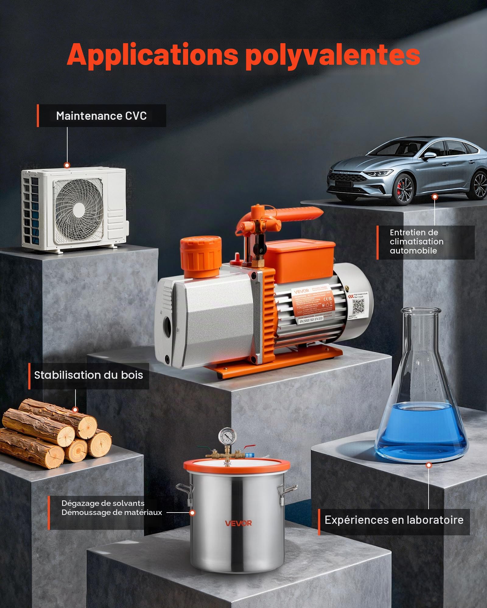 VEVOR Pompe à Vide 7 CFM 198 L/Min Pompe à Vide Climatisation Palettes Rotatives 2 Étages Compatible R134a R22 R410a R1234YF R32 pour Entretien Climatiseurs Automobiles Dégazage Résine, Huile Incluse