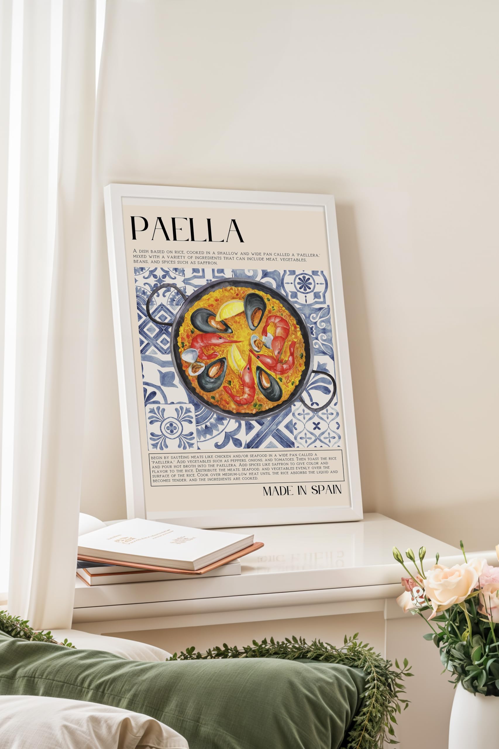 Zestia Beyaz Çerçeveli Tablo, Paella Tabağı, Mutfak Dekoru, Mavi Seramik Stil Poster No: 106688 15 x 21