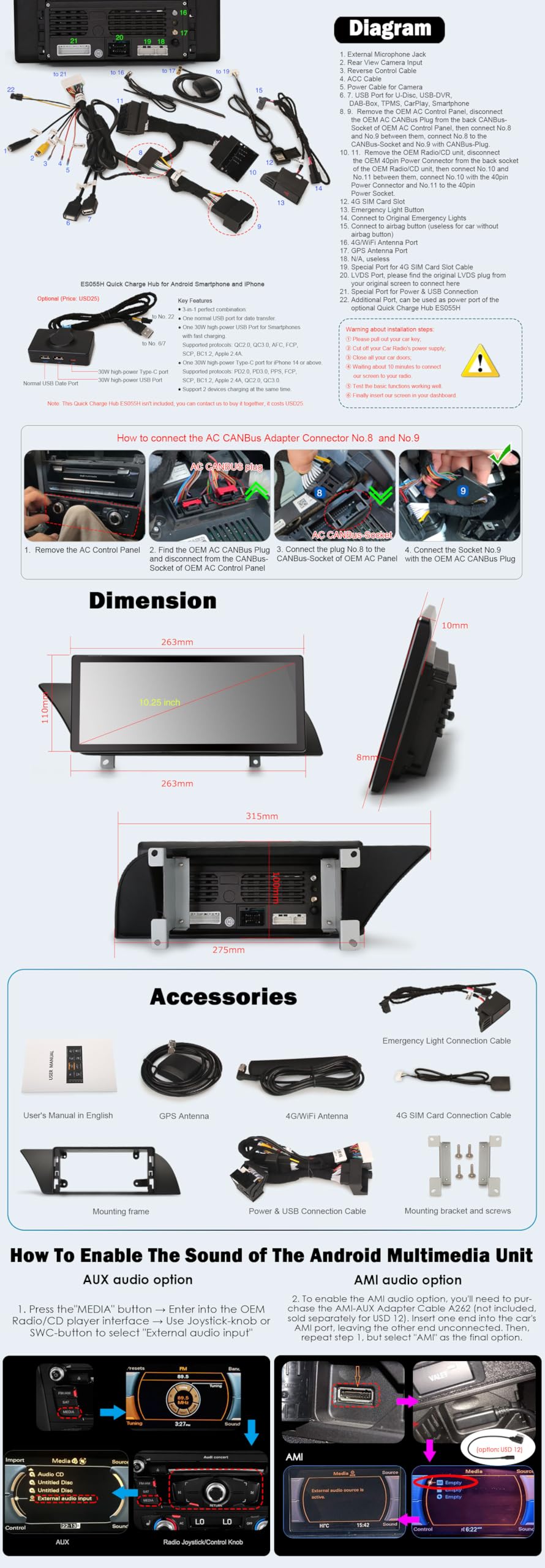 Erisin 10.25" 8-Core 4GB+64GB Android 14 Autoradio Bluetooth 5.1 per Audi A4 S4 RS4 B8 A5 S5 RS5 Supporta GPS Navigatore IPS Touch Screen MMI OEM CarPlay Android Auto Can-bus DAB+ Wifi RDS SWC TPMS