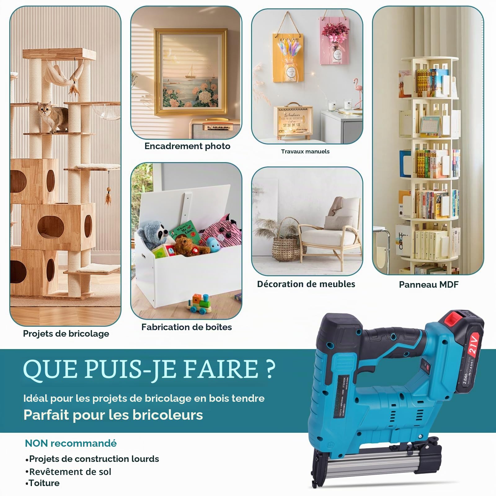 Cloueuse sans fil 2 en 1 : agrafeuse à batterie avec 2000 clous/agrafes – Agrafeuse électrique comme set de boulons – pour bois dur et tendre, amélioration de la maison et travail du bois