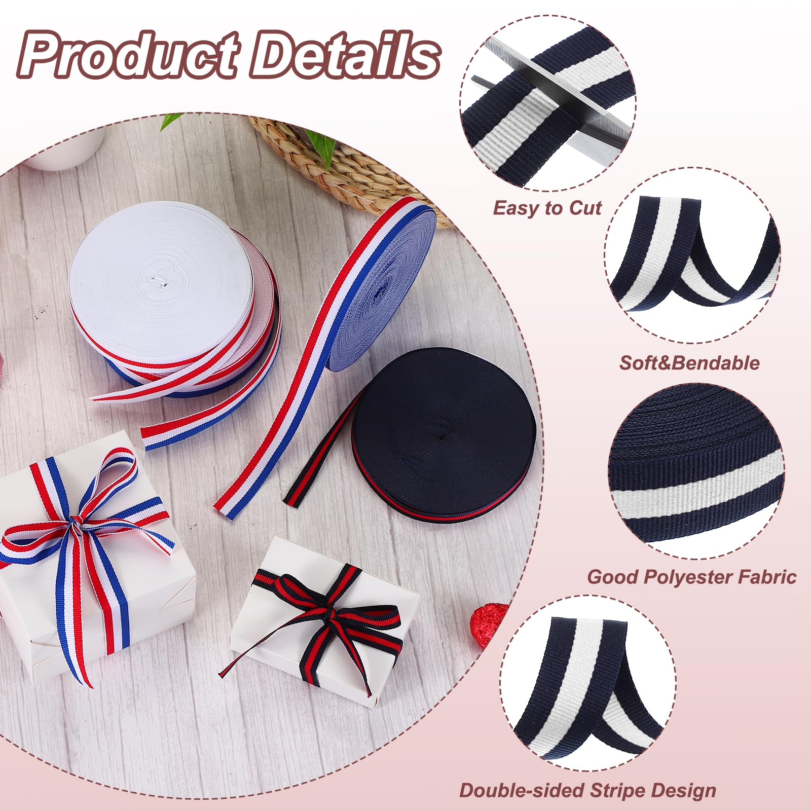 PATIKIL 1 Nastro Grosgrain a Righe Blu Navy e Bianco, 25 Iarde Tessuto Poliestere Nastro a Righe Artigianato Design a Doppio Faccia per Fare Fiocchi Confezioni Regalo Natalizie