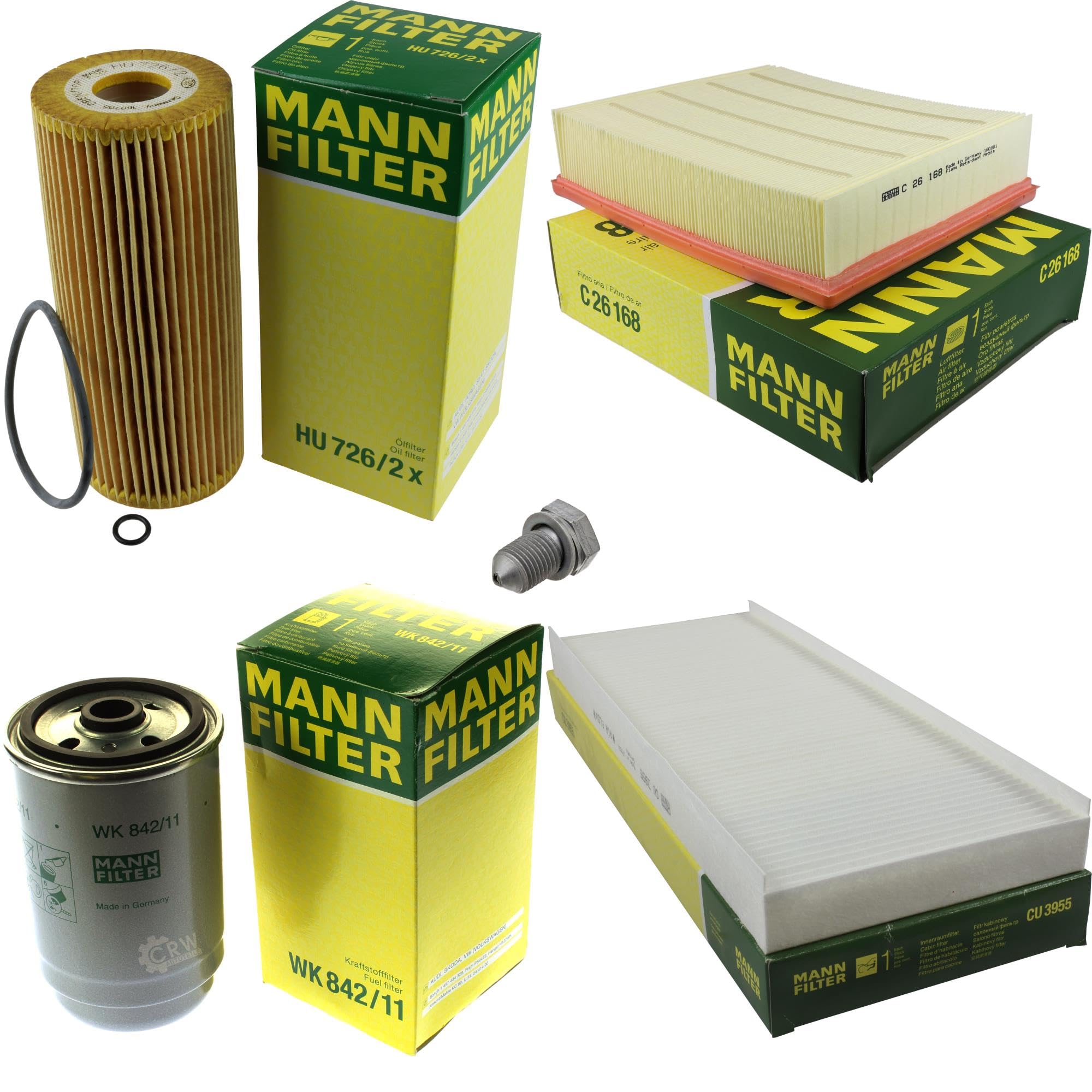 Paquete de inspección Kit de mantenimiento de filtros con filtro de aceite HU 726/2 x, filtro de aire C 26 168, filtro de combustible WK 842/11, filtro de habitáculo CU 3955, tornillo de