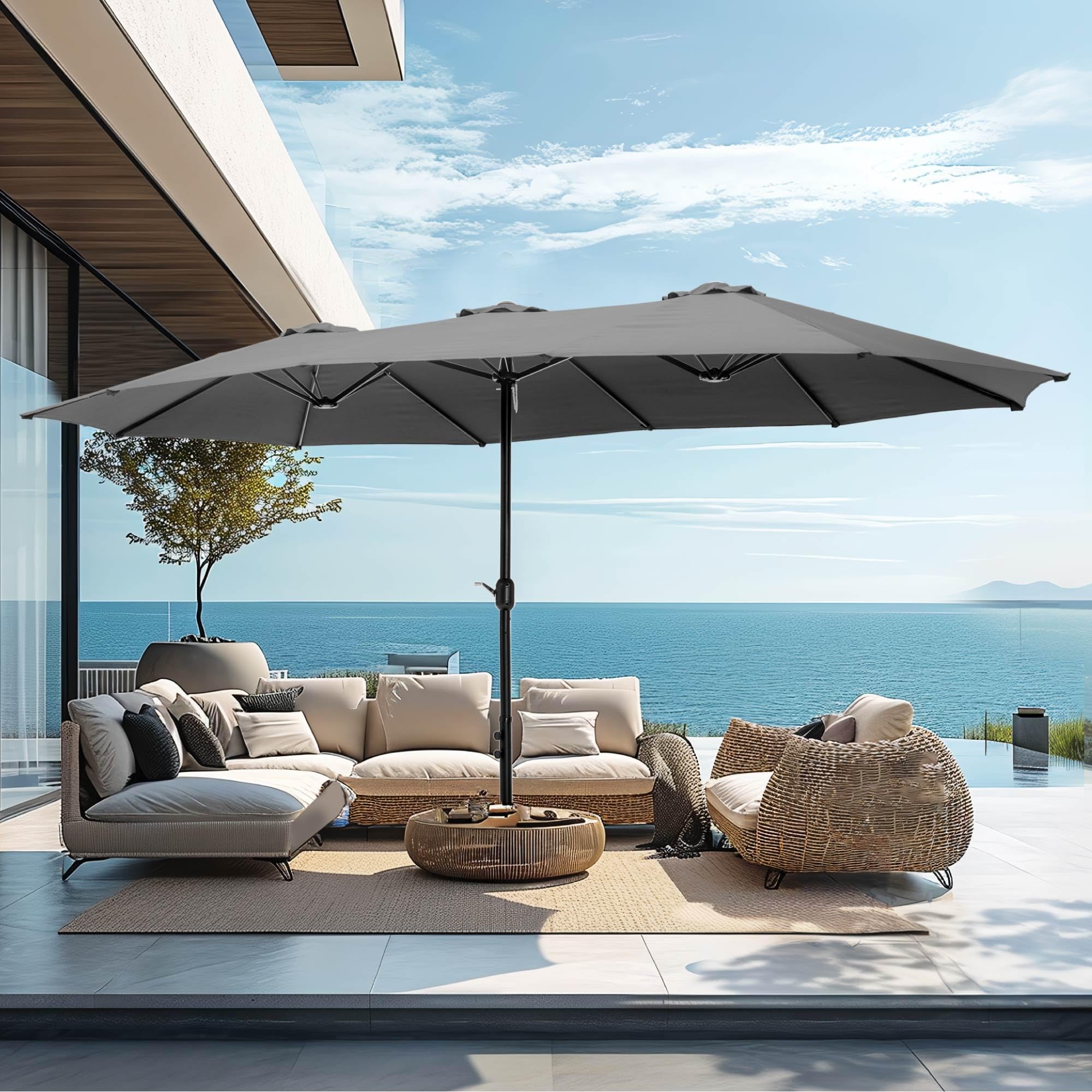 PHI VILLA Sonnenschirm Rechteckig mit Ständer Groß 270x450cm für Garten Terrasse Gartenschirm mit Kurbel UV Schutz Parasol Windfest