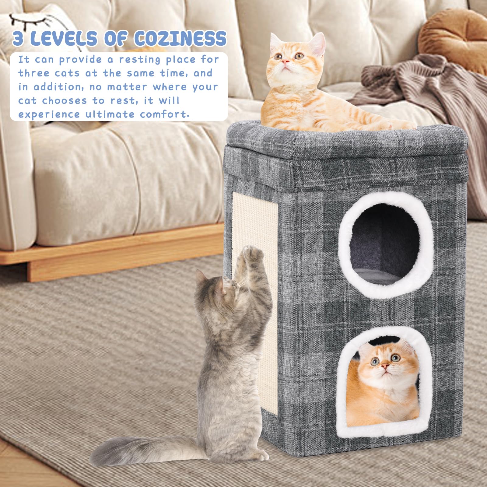 Cuccia per Gatti da Interno, Letto a 3 Piani per Più Gatti, Nicchia Comoda per Animali Domestici, Struttura Stabile, Piega & Facile da Installare, Casetta Chiuso,Grigio,39×39×66cm