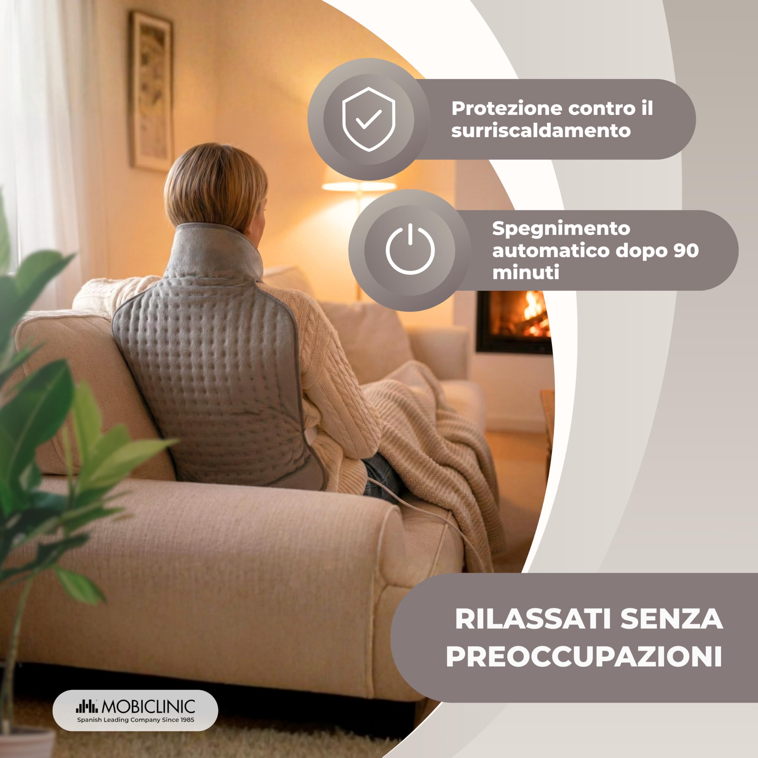 Mobiclinic®, Termoforo elettrico, Cuscino termico per collo e spalle, Basso consumo, 3 livelli di calore, Spegnimento automatico, Zona lombare cervicale, Lavabile, 62x43