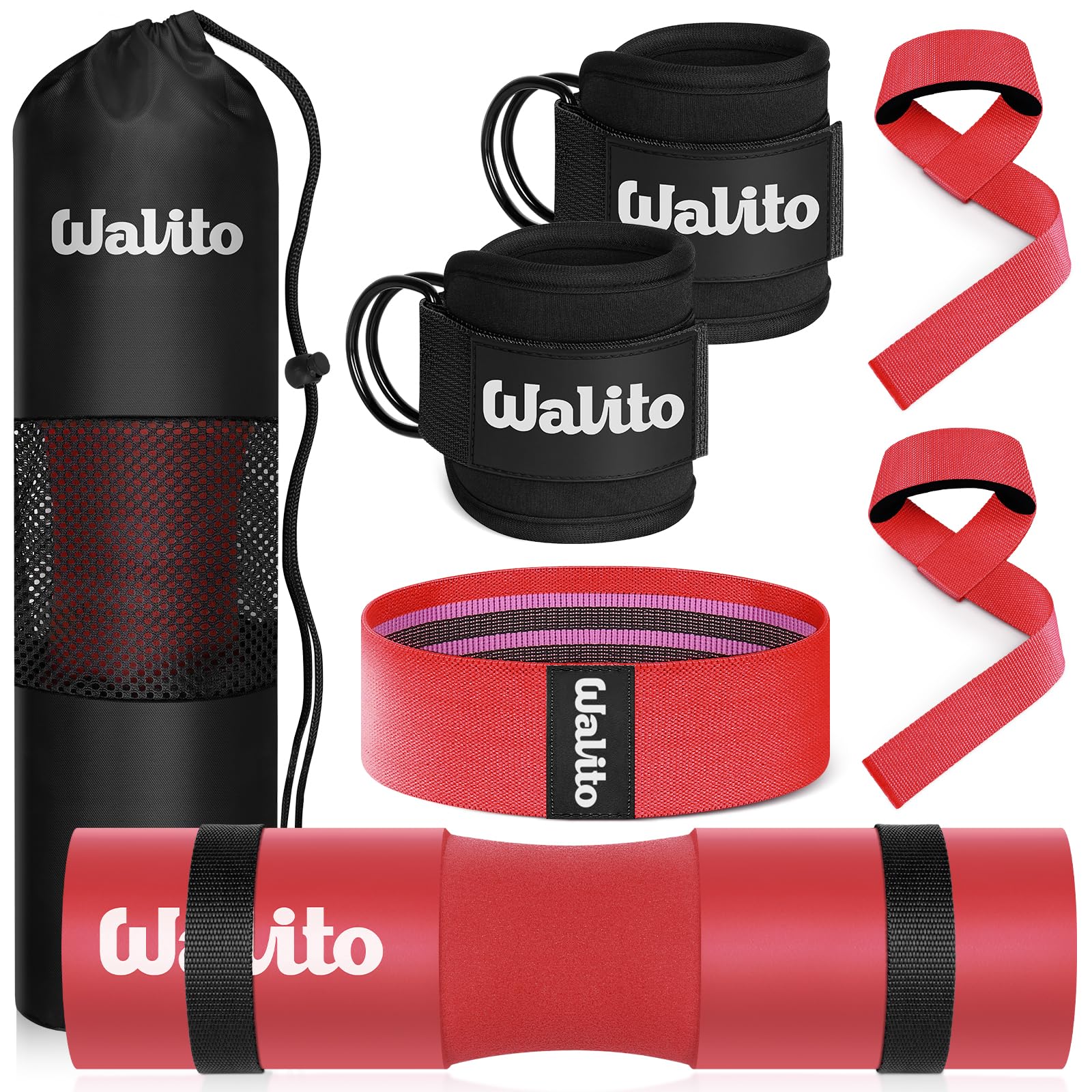 WALITO 8Pcs Barbell Pad Set for Hip Thrust - Squat Pad,Gym Accessories for Women with Bar Bad,Bench Press, with Gym Ankle Straps,Resistance Bands for Working Out,Lifting Strap,Carry Bag