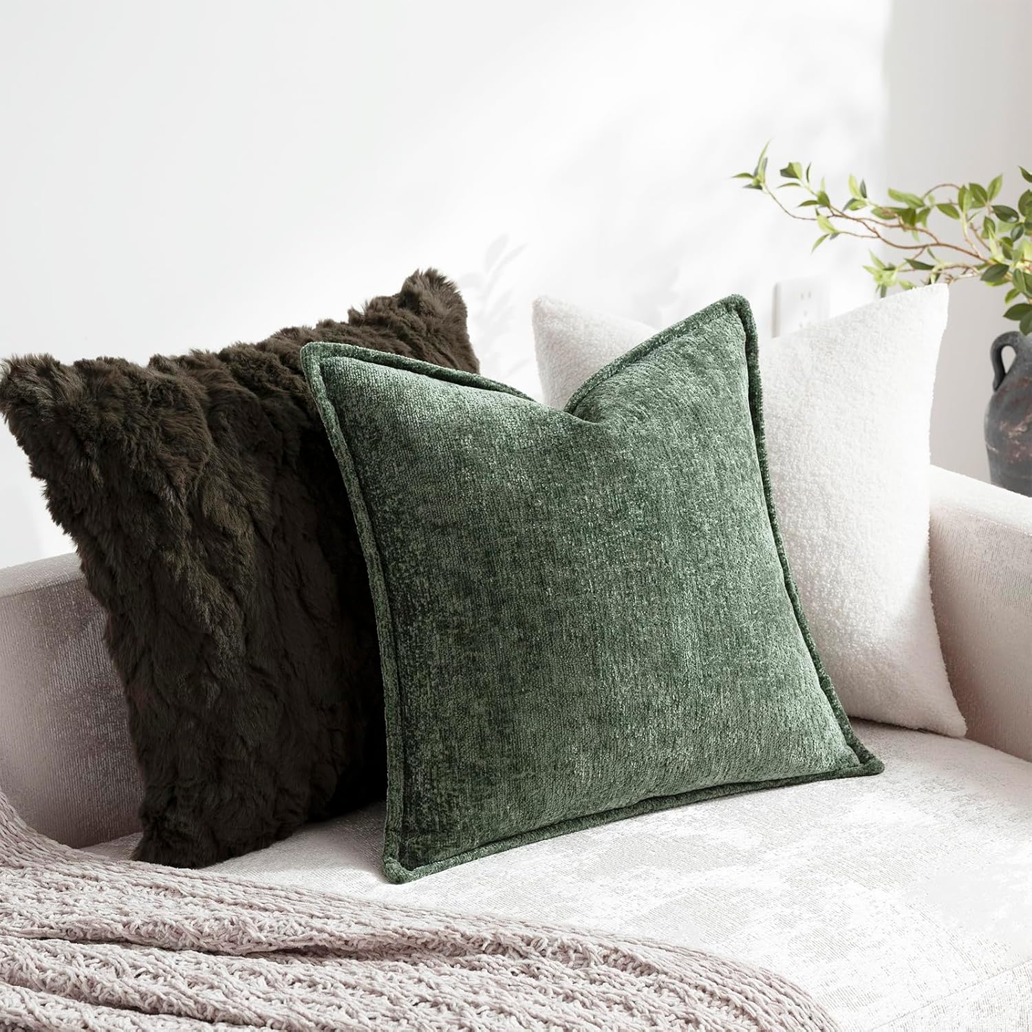 Pack of 2 Forest Green Christmas Euro Shams Pillow Covers 26x26 Cozy Soft Chenille Decorative Throw Pillow Covers Accent Vintage Square Couch Pillow Covers for Home Decor Bed Sofa Living Room