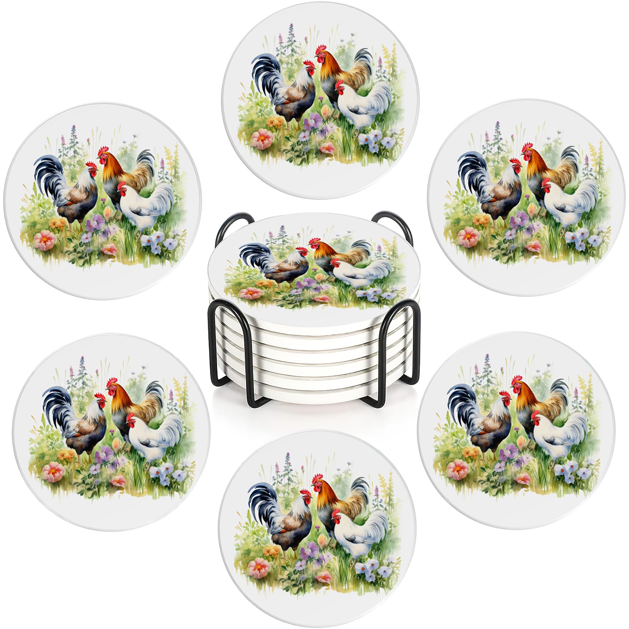 Spring Farm Set of 6 Coasters Absorbent Ceramic Drink Mats with Cork Base & Metal Holder, Spill Protectors for Mugs/Cups, Cheerful Home/Bar Decor โ image 1