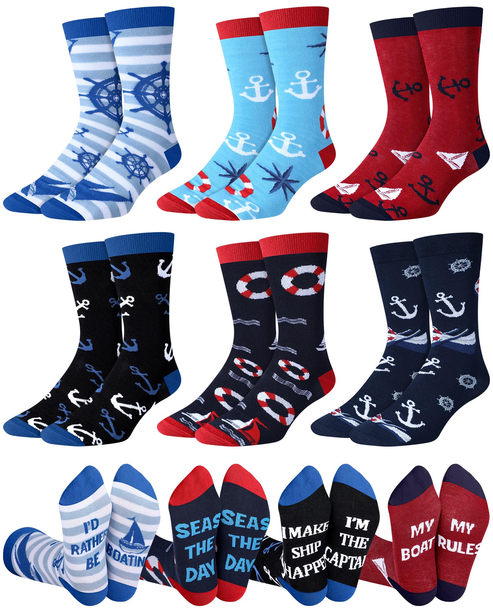 6 Pairs Boating Socks for Men Sailing Socks Novelty Ships Boats Socks Novelty Casual Crew Socks Cruise Gifts for Boat Owners