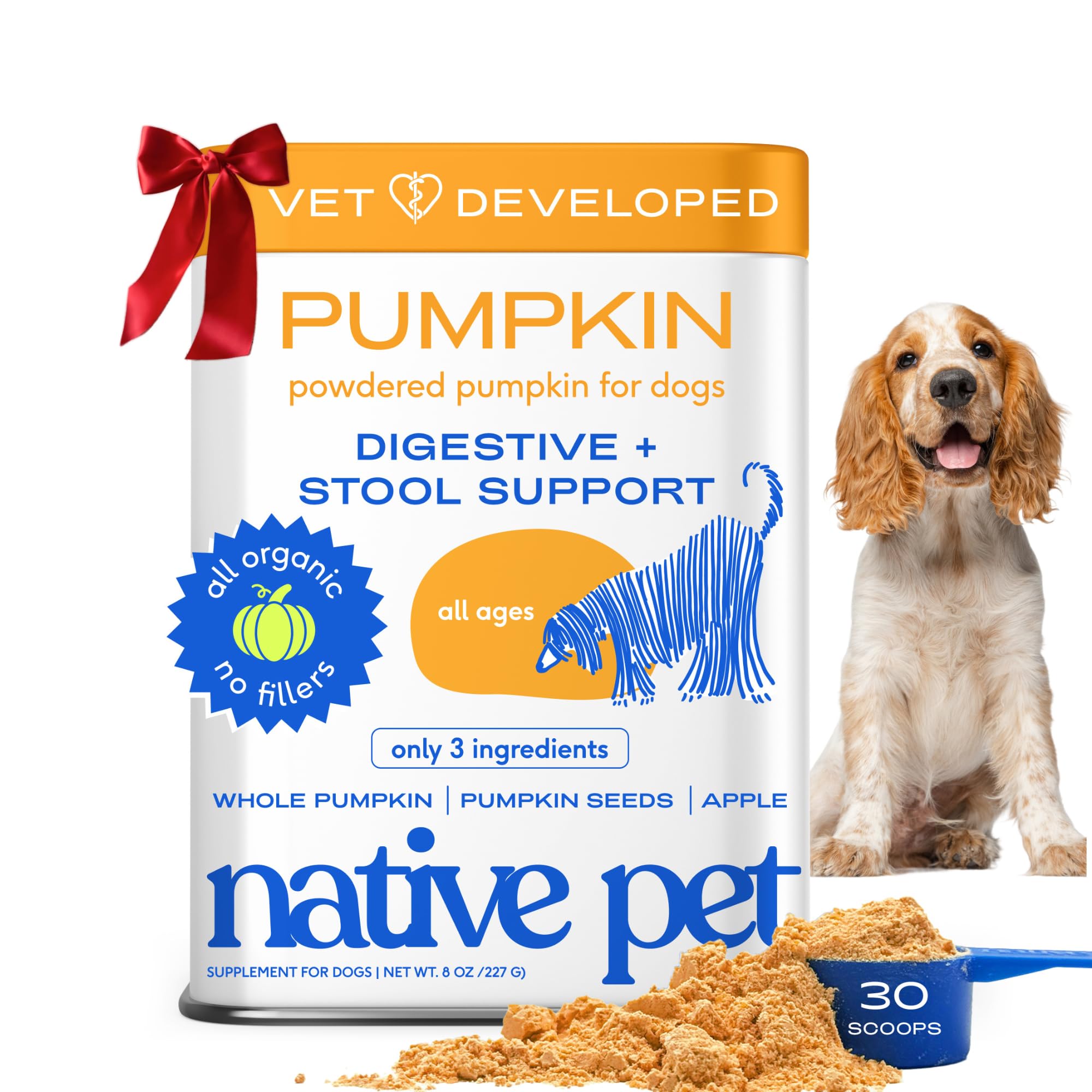 Native Pet Pumpkin for Dogs - Organic Powder Pumpkin Puree Dog Food Toppers -Rich in Fiber Supplement Powder Helps with Digestion, Nutrient Absorption, Diarrhea, Constipation & Upset Stomach-30 ScoopsUSDA Organic