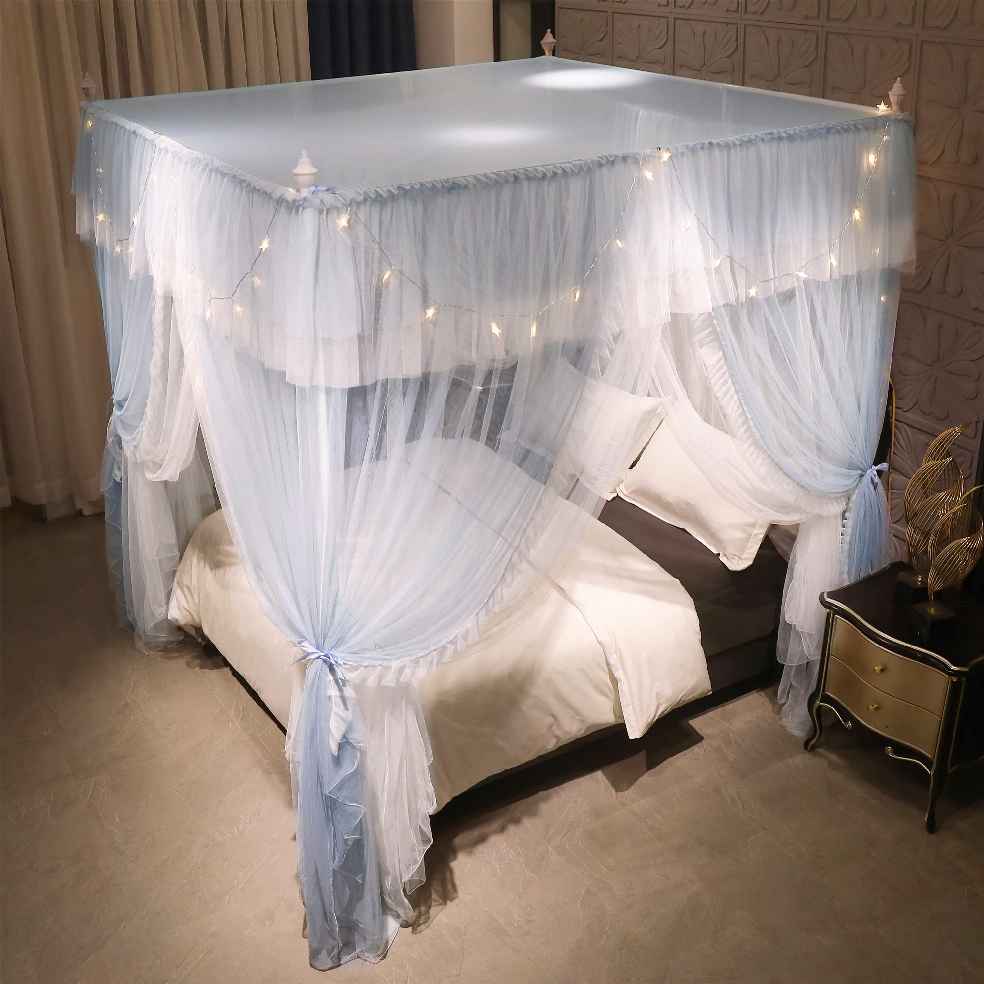 Dosel Princesa con Volantes – Cielo de Cama Cuadrado 4 Aberturas, Mosquitera Doble Capa para Niña, Decoración Romántica, Suave y Transpirable(Gris/Blanco,2Wx2,2Lx2,1 H(m))