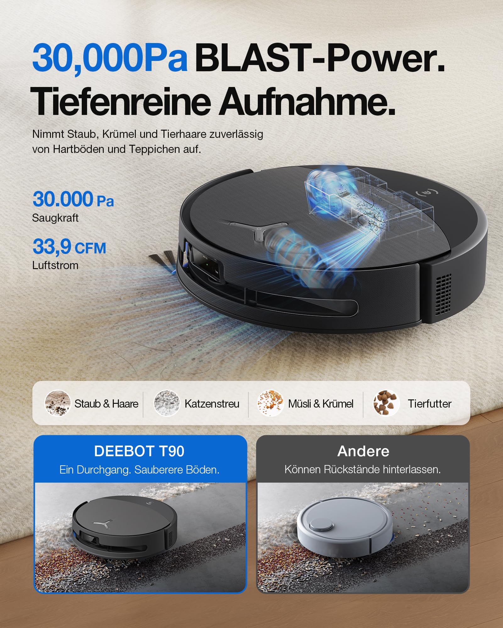 ECOVACS DEEBOT T90 PRO Omni Saugroboter mit Wischfunktion, Roboterstaubsauger 30.000 Pa, Schnellladen mit PowerBoost, OZMO Roller 3.0 mit TruEdge, automatische Dosierung der Reinigungslösung, Schwarz