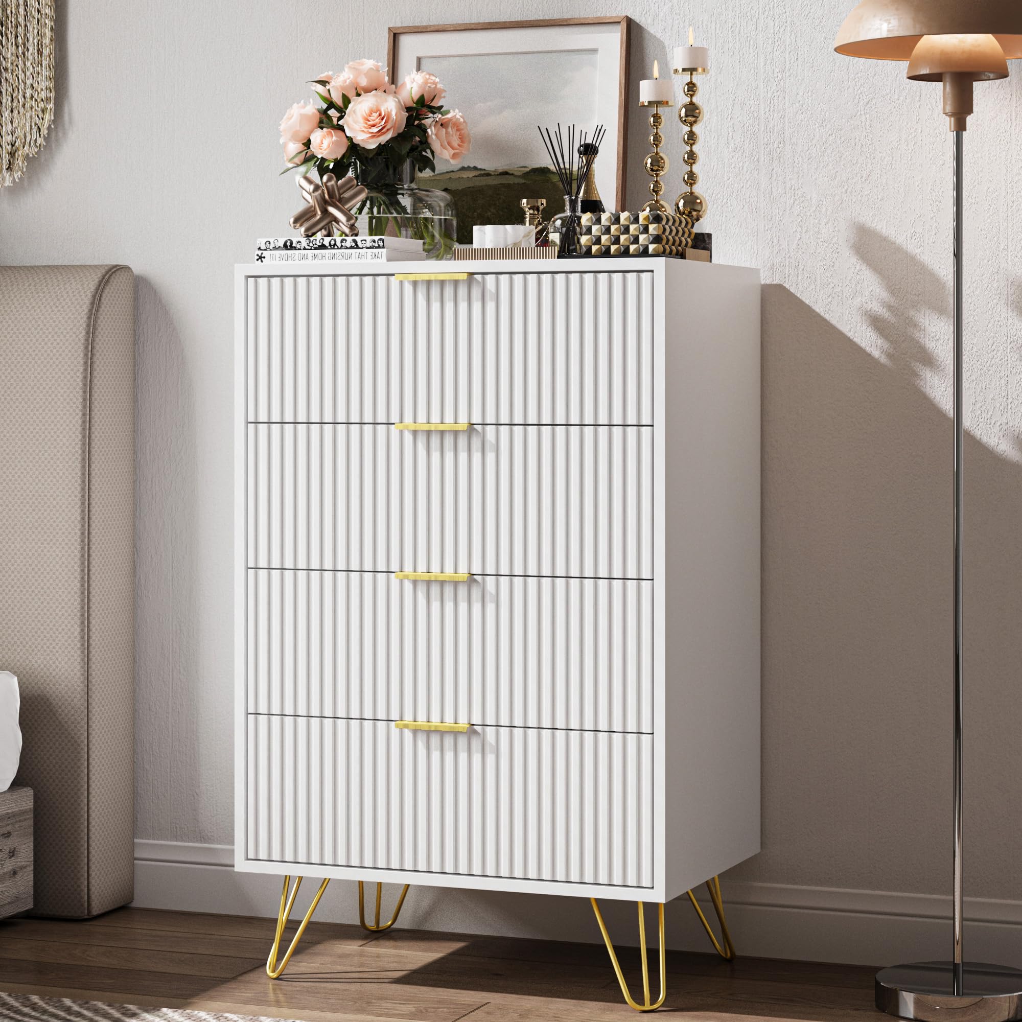 MAISONARIA White Dresser for Bedroom, Modern Dresser with Gold Metal Handles & Chests of Drawers