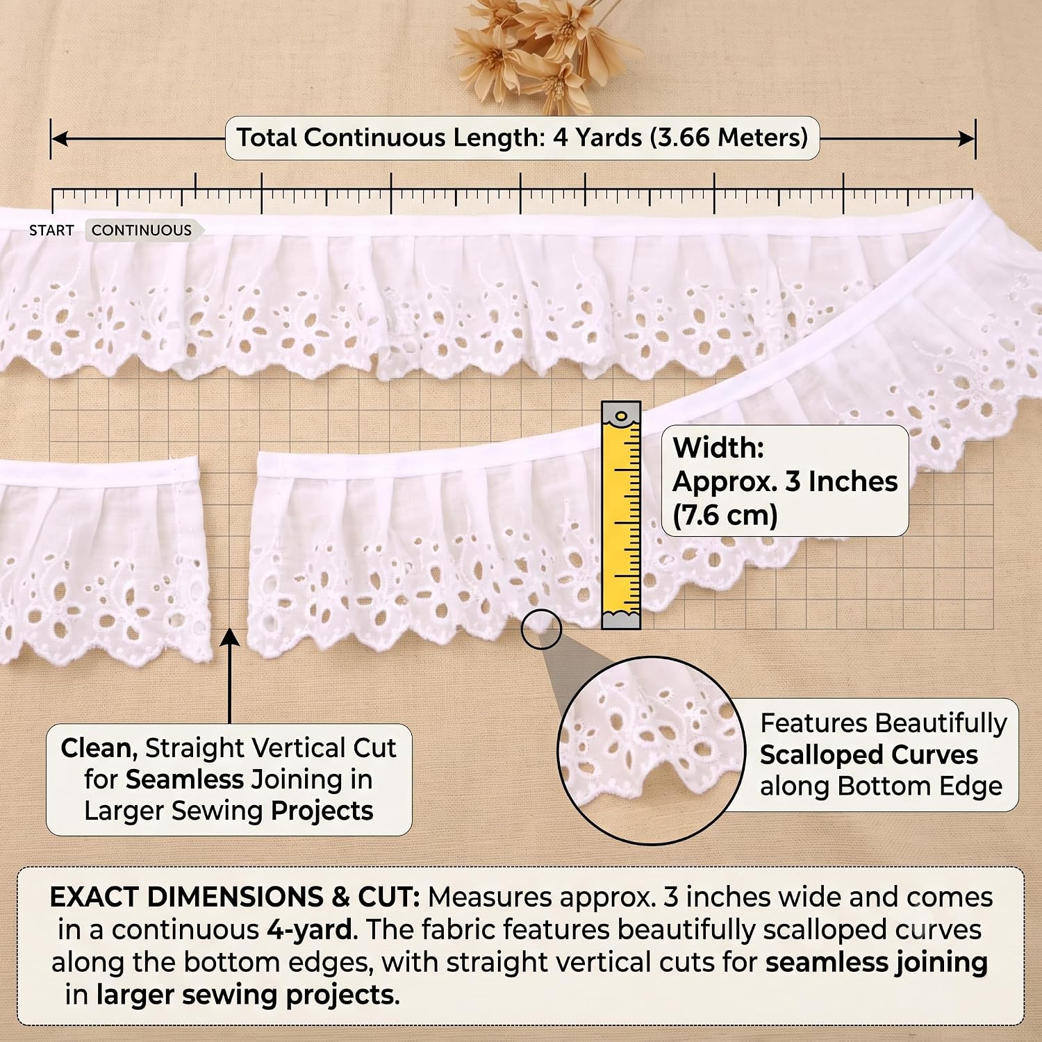 IDONGCAI 3" Gathered Eyelet Lace Trim,Cotton Scalloped Sewing Trim, 4 Yards | Non-stretch 100% cotton;scalloped top and bottom edges;skin-friendly hollow floral pattern for sewing,baby garments & crafts
