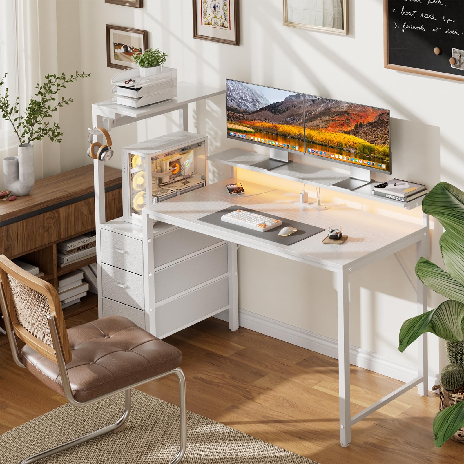 SOLAVERO Escritorio Gaming con LED y Enchufe Integrado, 112cm Mesa Gaming Reversible con Estanteria & Cajones de Tela, Mesa Ordenador con Soporte para Monitor y Gancho para Auriculares, Blanco