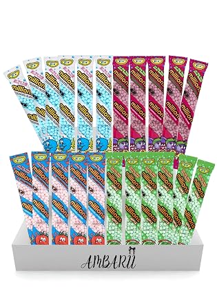 AMBARII Millions Candy Tubes Variety Pack, Strawberry, Bubblegum, Apple, Blackcurrant Flavors, 55g, 24 Count