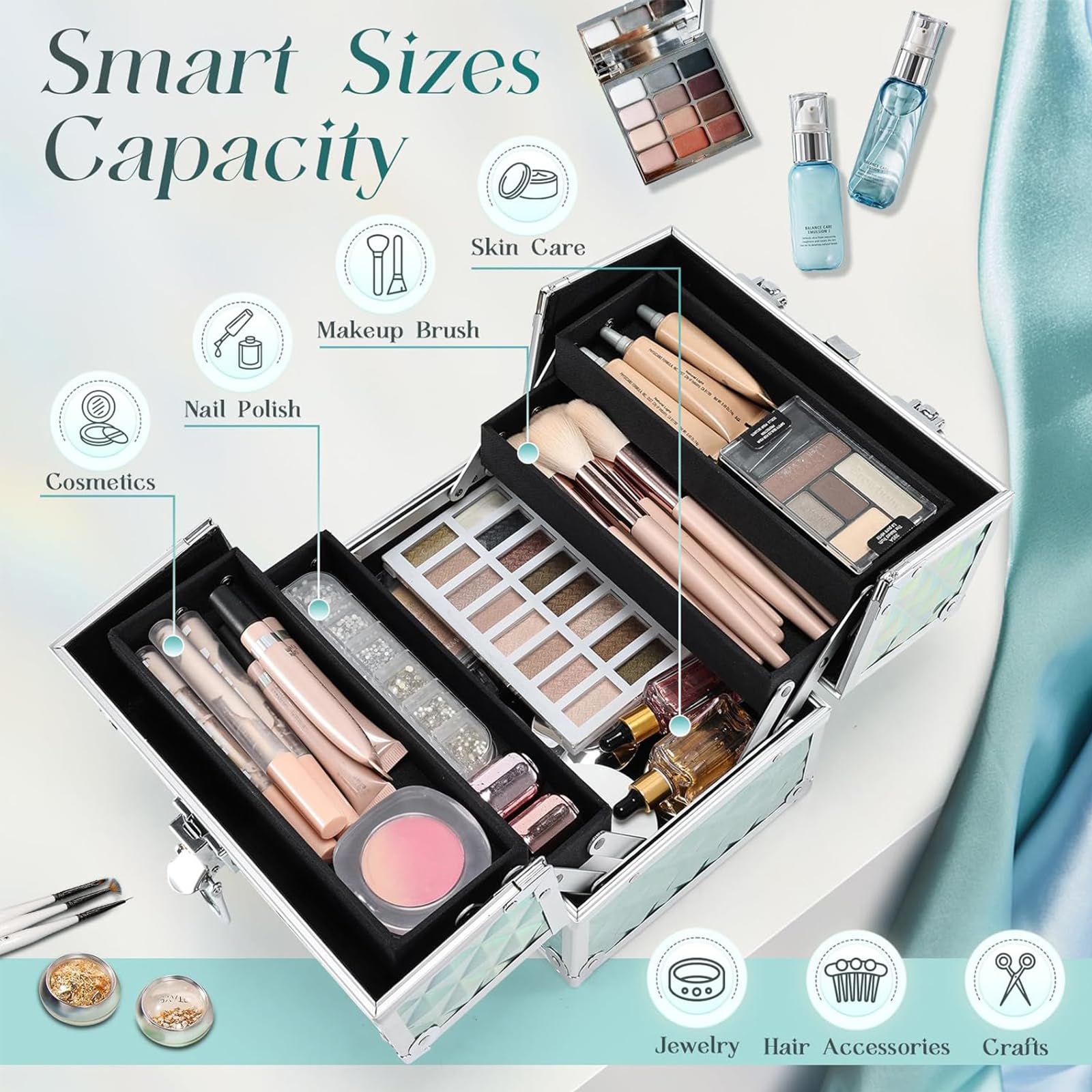 Frenessa Make-up-Koffer mit 4 Ablagen, abschließbar, Kosmetik-Organizer, Aufbewahrungsbox für Kinder, Glänzendes Blau, 22.5x16x17cm, Schminkkoffer für Kinder, Mädchen und Frauen