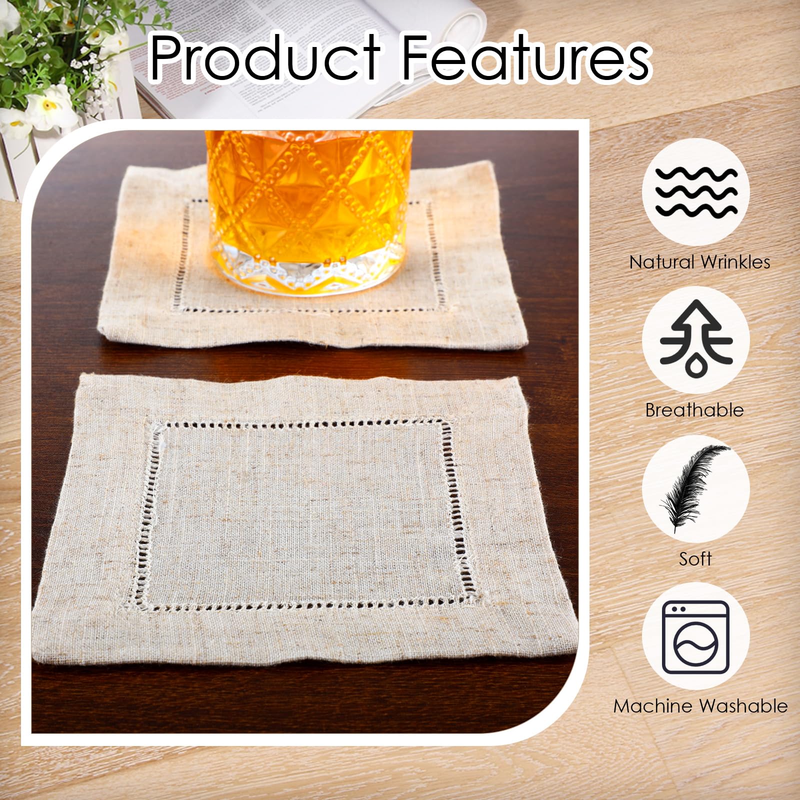 Cocktail-Servietten aus Leinen, 15,2 x 15,2 cm, Stoffservietten, kleiner Hohlsaum, Stoffservietten, Untersetzer, wiederverwendbare Leinenservietten für Party, Hochzeit, Bar, Getränke, Kaffee, Dessert