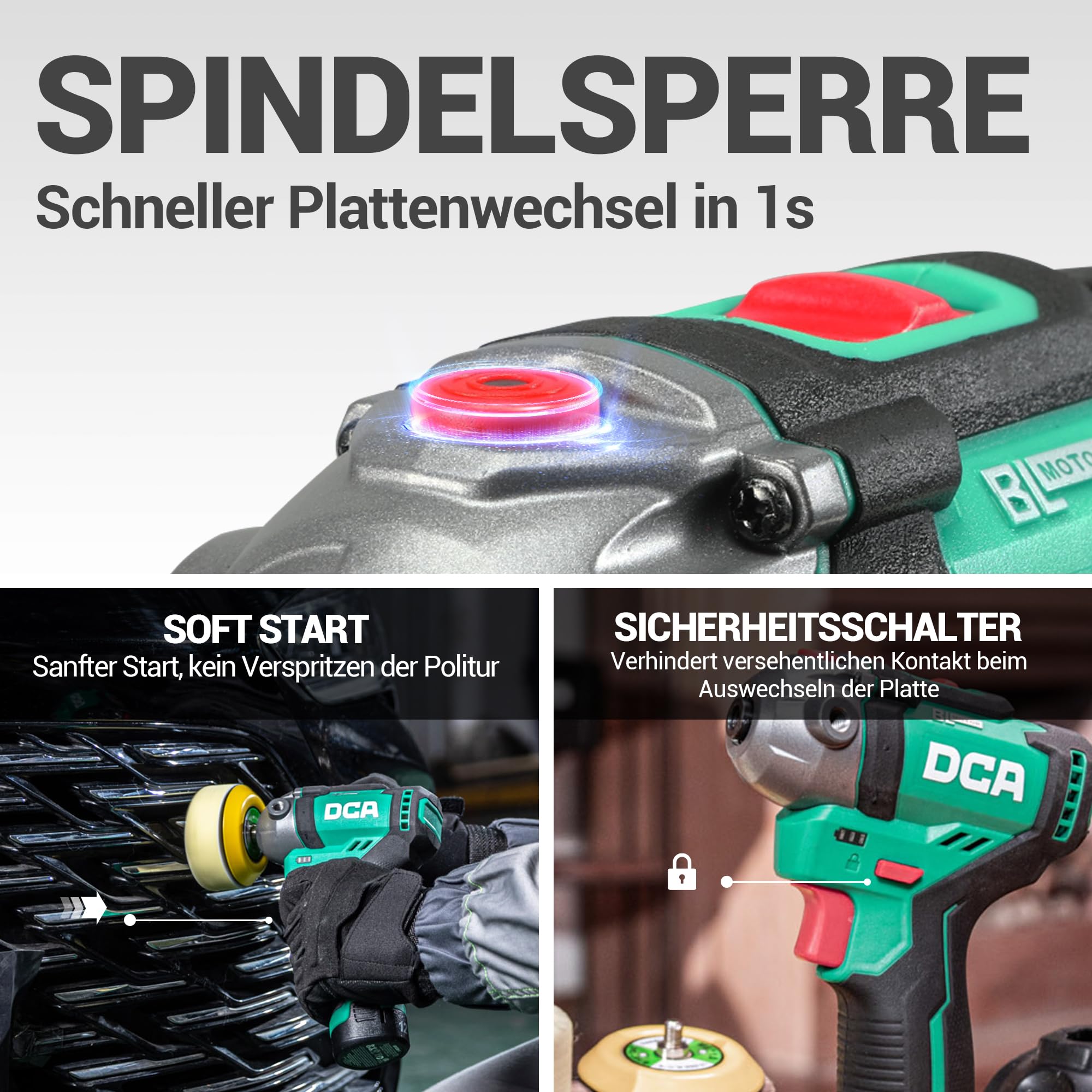 DCA Mini Poliermaschine Auto, 12V Akku Poliermaschine, 75mm Bürstenlose Auto Polierer und 50mm Schleifmaschine, 2x 2,0Ah Akkus, 2 Geschwindigkeit 2800-8300 U/min für die Autopflege Schleifen/Wachsen