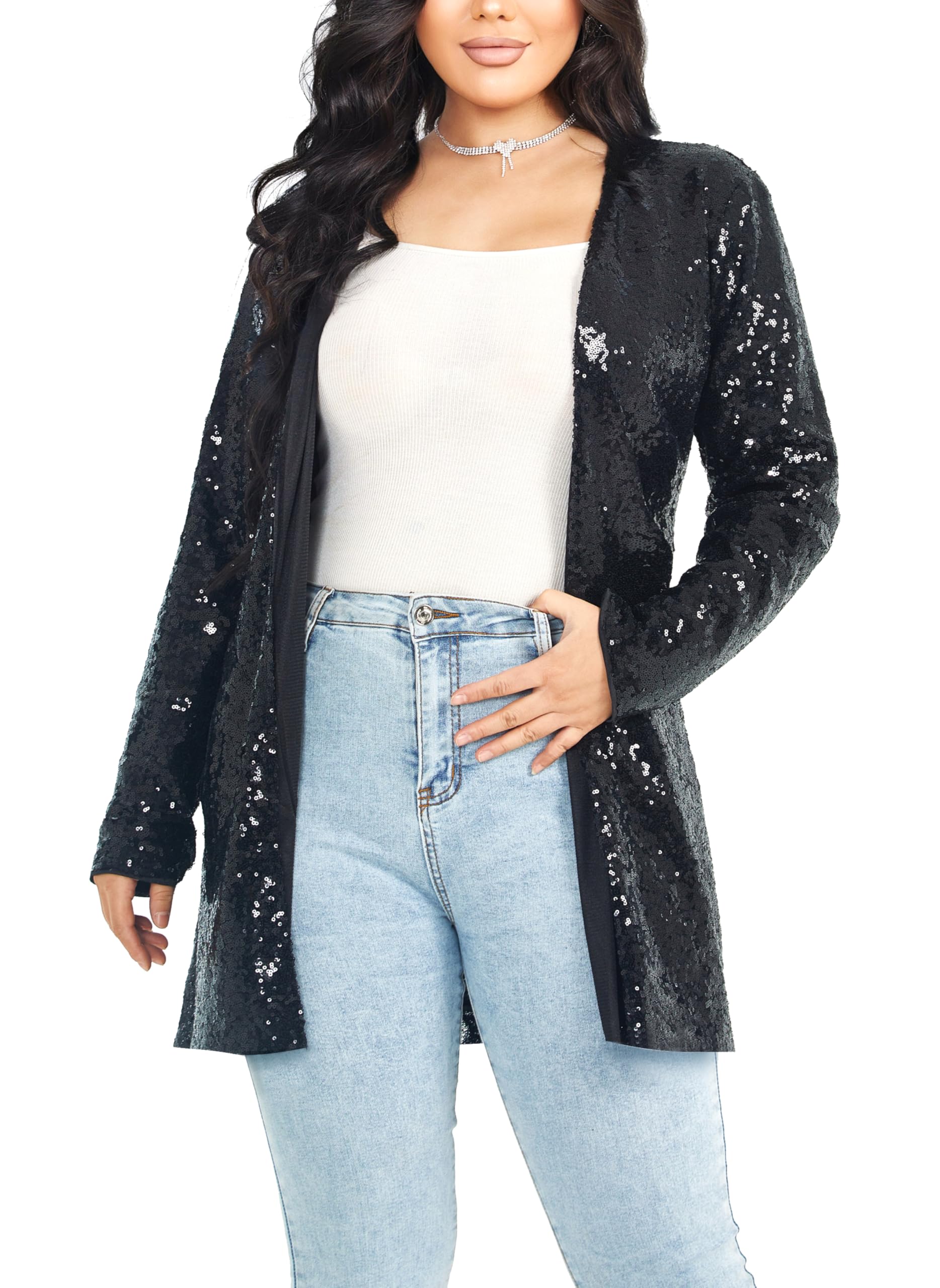 YYPBI Women's Sequin Jacket Long Sleeve Open Front Cardigan Sparkly Blazer Glitter Casual Party Clubwear Coat All Black M