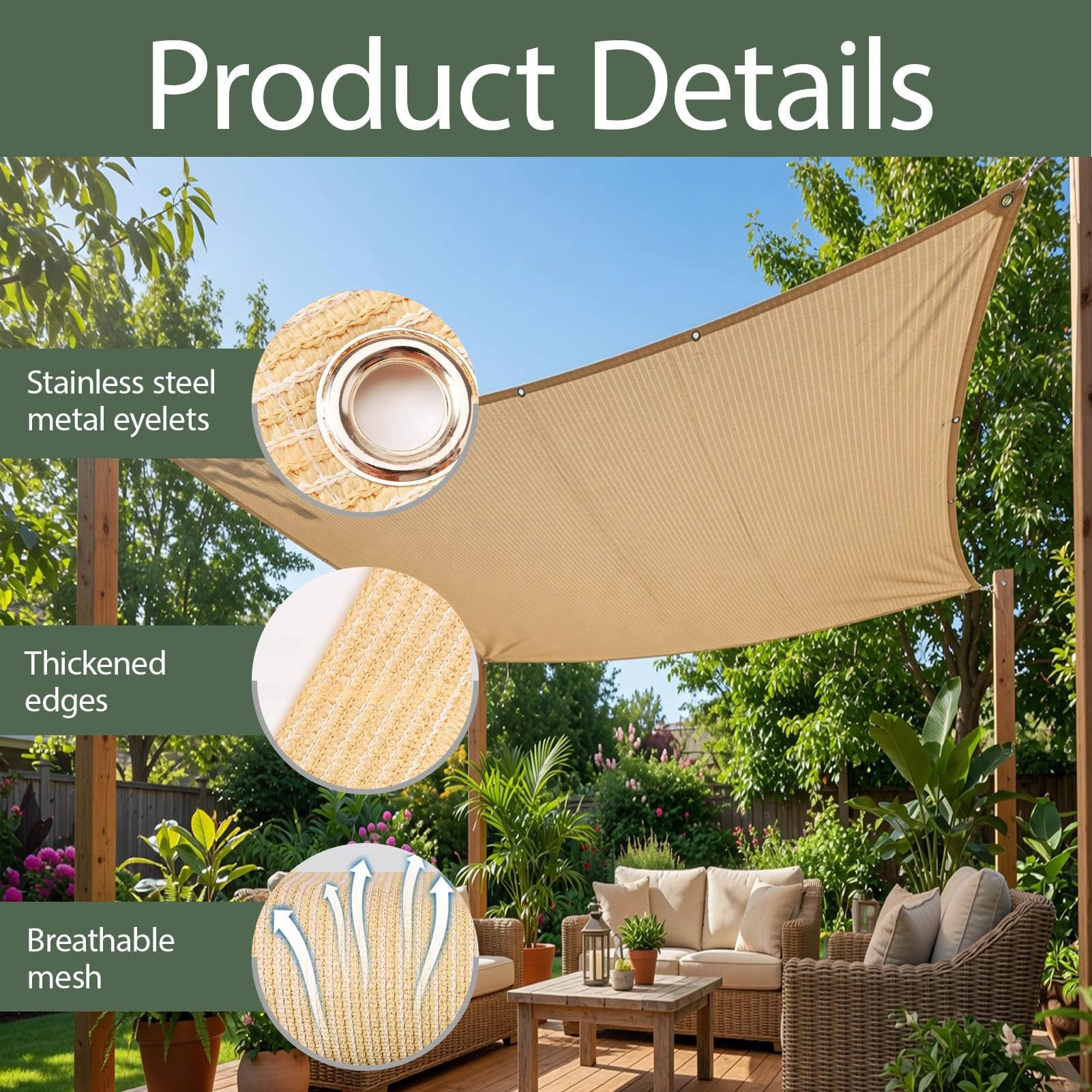 Vela Ombreggiante HDPE Rettangolare 255 x 430 cm 90% Protezione UV Rettangolare Traspirante Vela Ombreggiante Tela Leggera per Patio, Cortile e Piscina, Beige