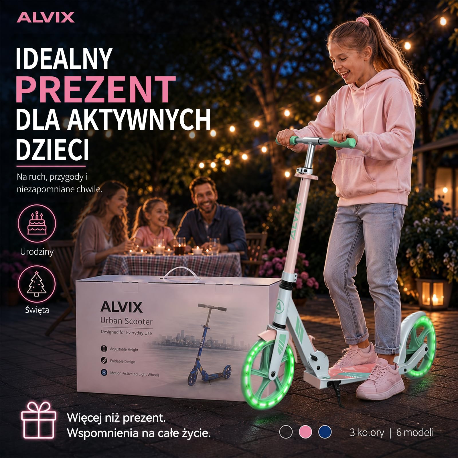 ALVIX Hulajnoga dziecięca z kołami LED, regulowana wysokość, kółka 200 mm, składany skuter z paskiem do noszenia, szeroki pokład do 100 kg