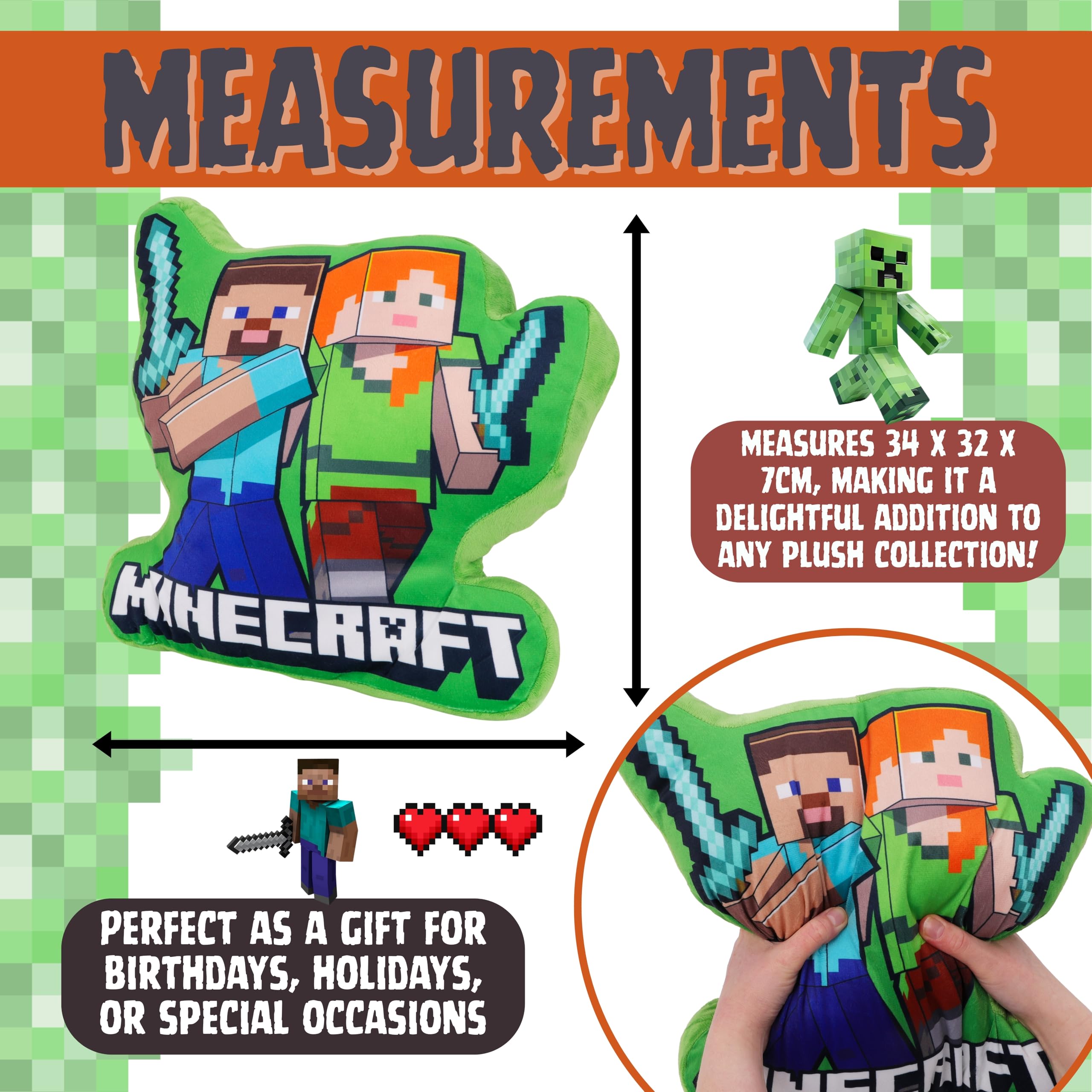 Toyland® 34 cm (13”) Minecraft Verde Cuscino in peluche - Super morbido, decorativo, carino, cuscino da coccolare per bambini - Accessorio per camera da letto, divano e ufficio