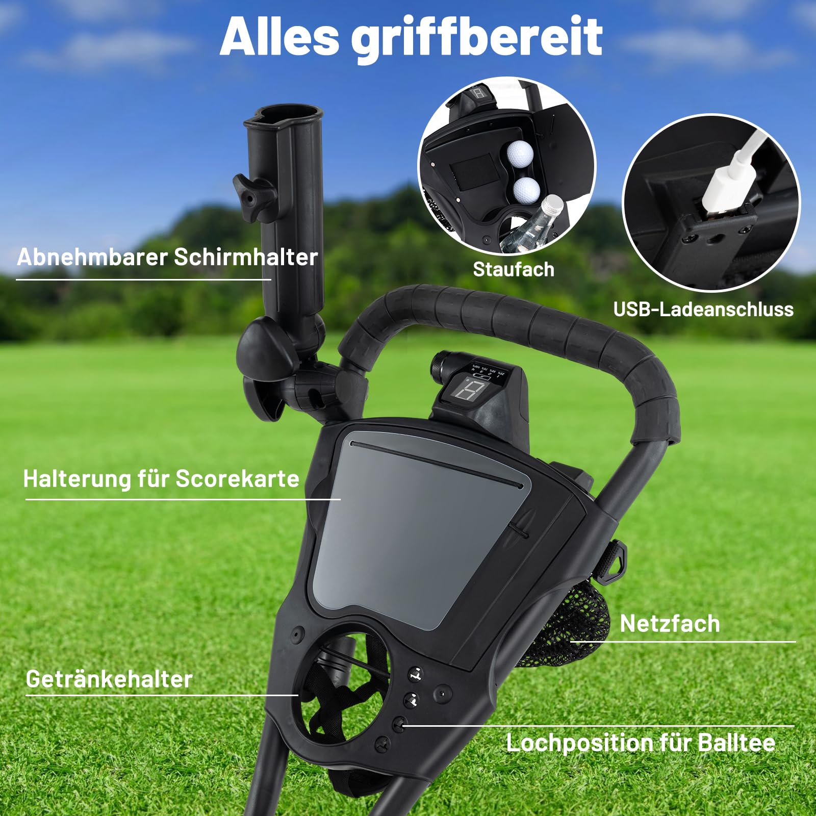 GYMAX Golftrolley Elektrisch, Faltbarer Golfwagen mit 9 Geschwindigkeiten, verstellbarem Lenker, Digitalanzeige & Drehrad-Steuerung, Golf Cart Elektro mit 3 Rädern, leicht