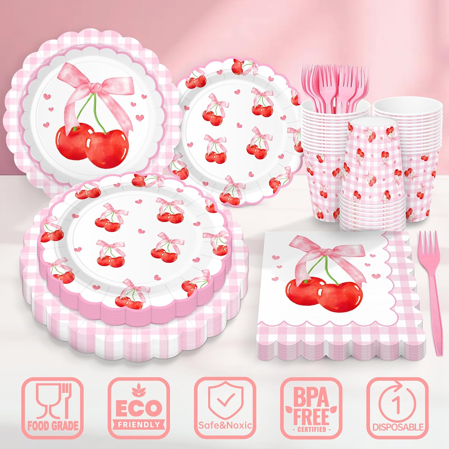 250 PCS Cherry Party Supplies, Service for 50, Cherry Birthday Party Decorations Decor Tableware Set Includes Plates, Napkins, Cups and Forks for Baby Shower Birthday - Image 3
