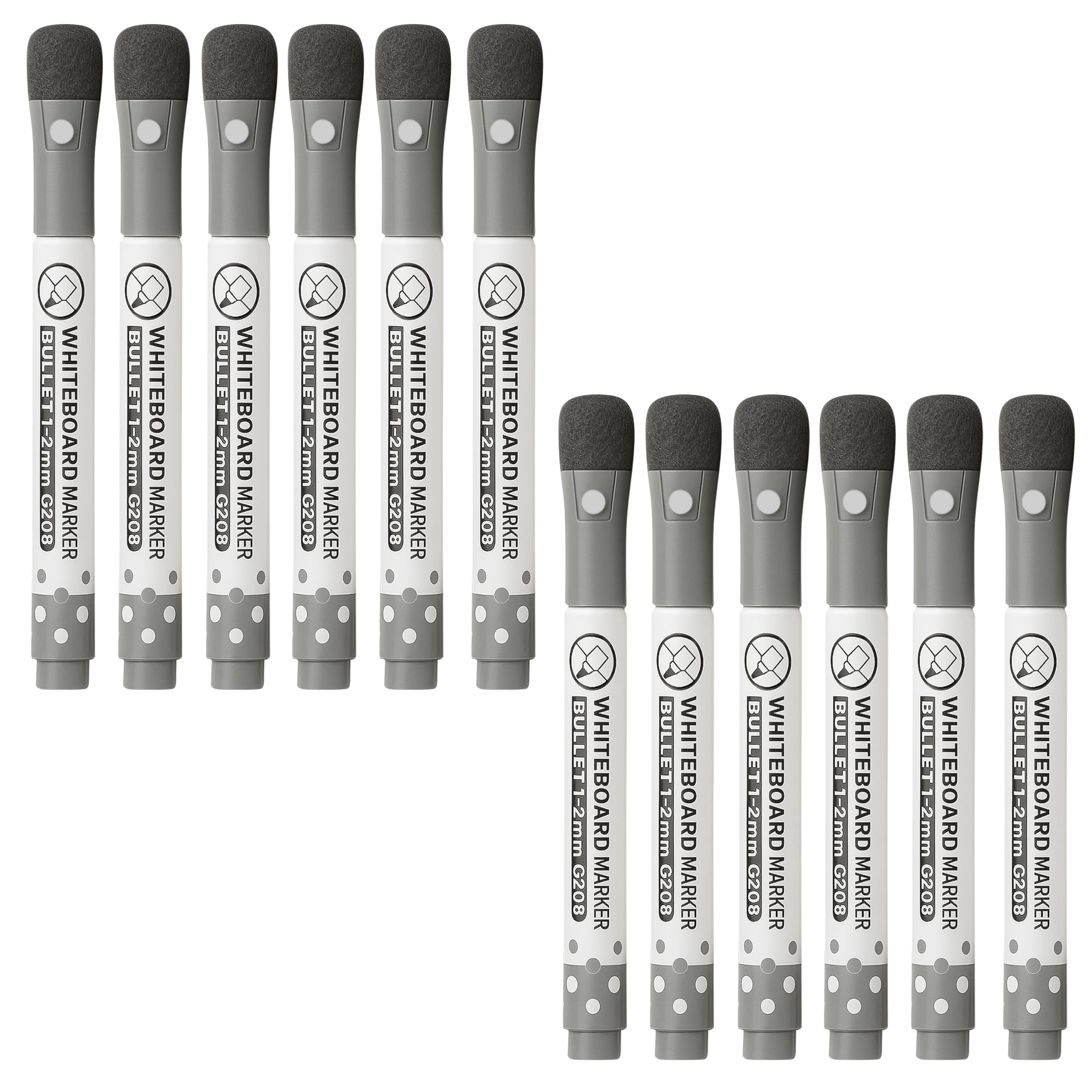 GLUN® Eraseable Board Markers, Black Colour Pack of 12, Attached Top Cap Duster, Dazzling Colours, Quick Dry and Wet Cleaning, No Smearing, Fine