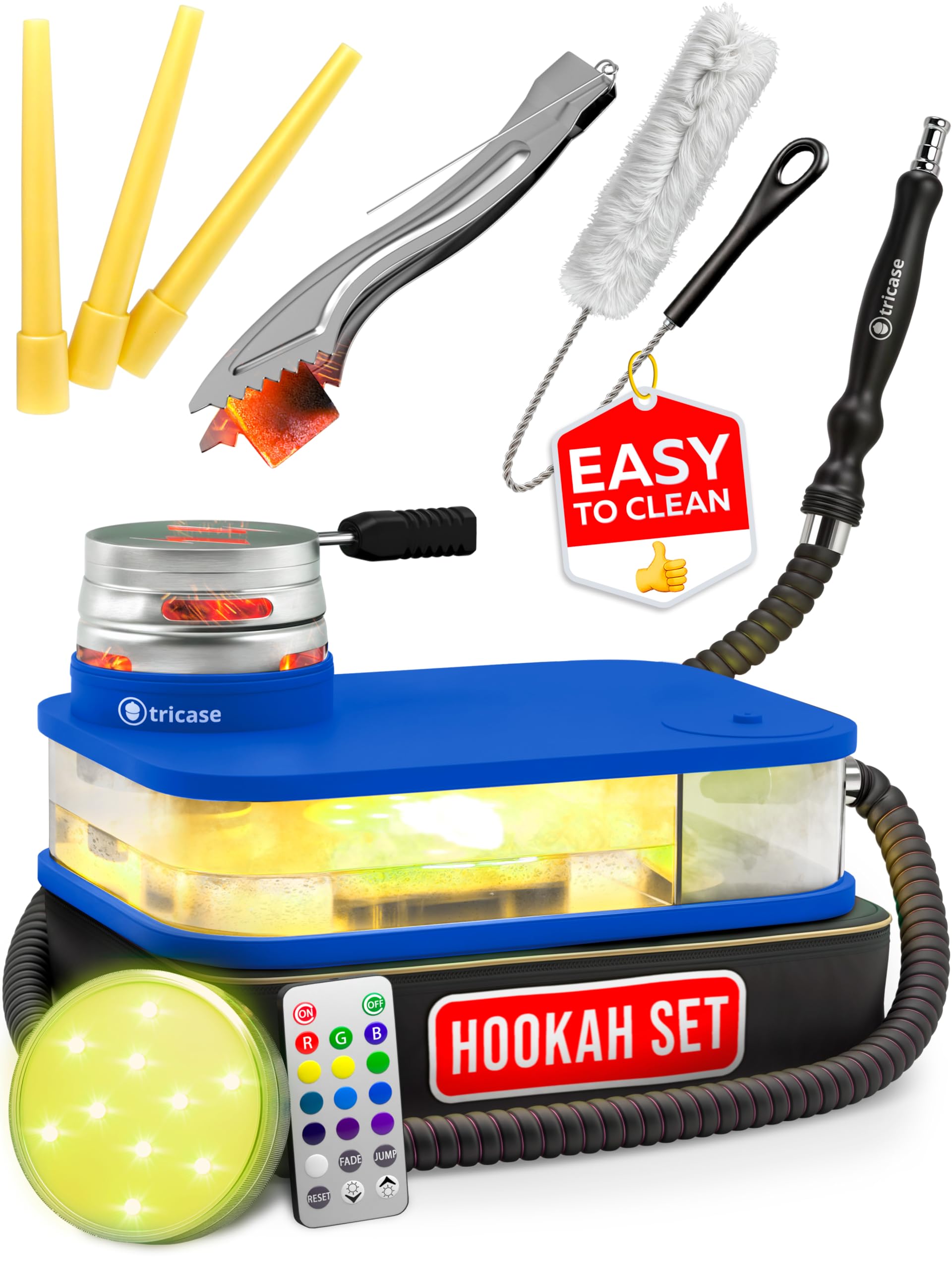 Shisha Hookah Set with Everything – Blue Hookah Kit with LED Base, Easy Setup, and Large Cloud Performance Hooka Machine