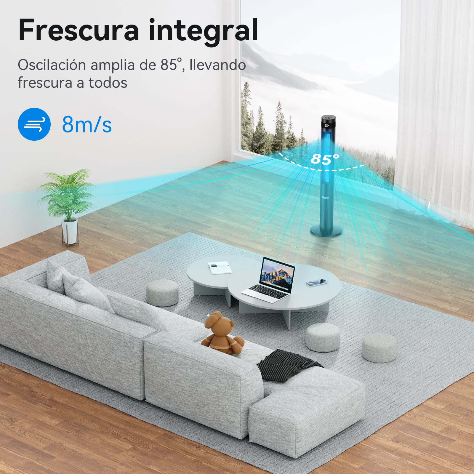YASHE 43 '' Columna Ventilador, Columna Silenciosa 28dB, Aire Acondicionado Oscilante a 85° con Torre, Mando a Distancia, Temporizador 12h, 3 Velocidades 3 Modos de Viento
