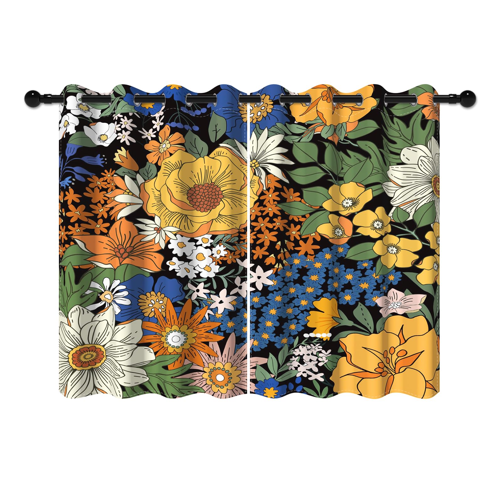YONGFOTO 168x229cm Cortinas Opacas con diseño Floral Vintage para Dormitorio Colorido Flores Retro Botánico Cortinas Opacas con Ojales para Sala de Estar, 2 Paneles