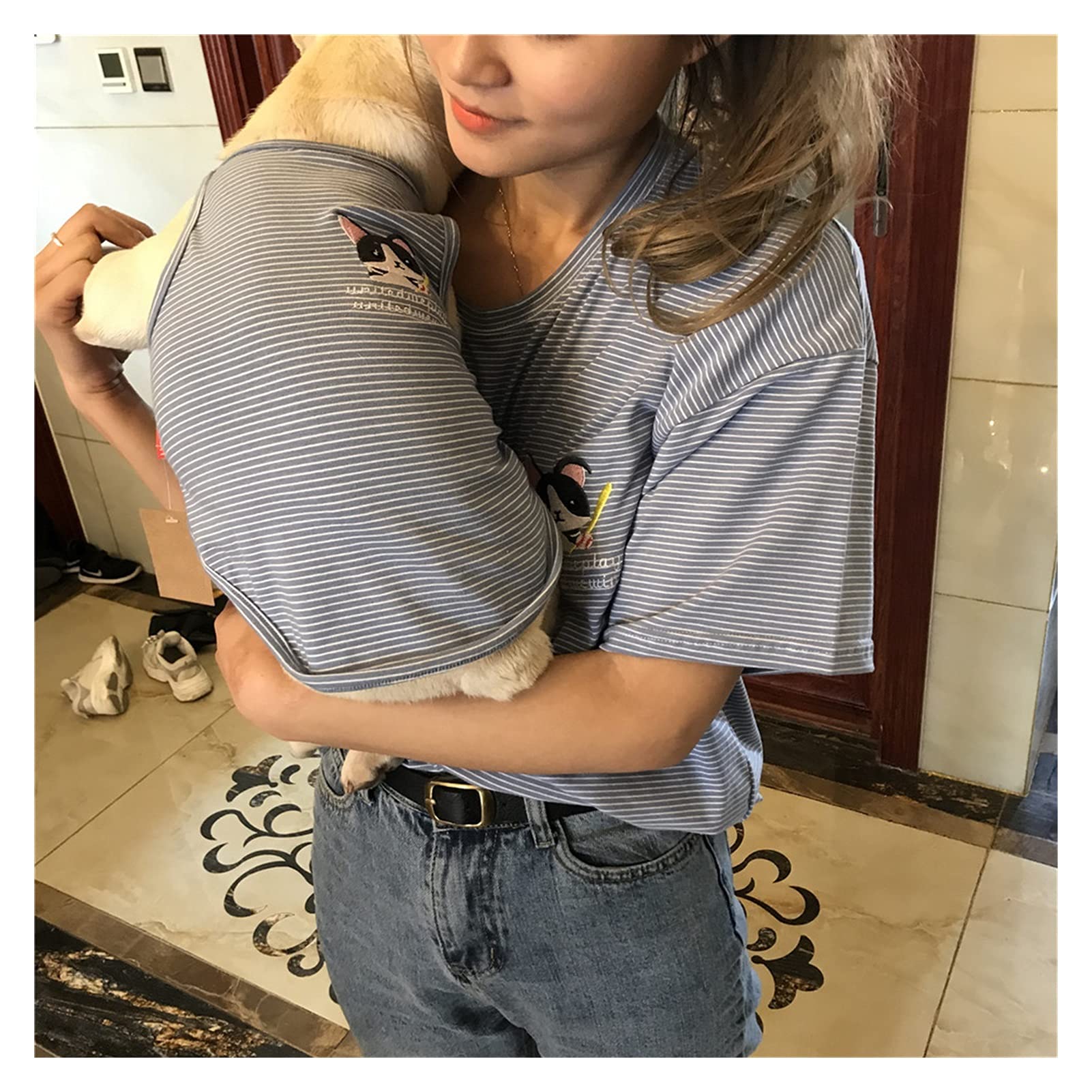 Pet Dog Clothes Summer Small Dogs Clothes, Cartoon Puppy Sleeveless, T-shirt Stripe, Dog Shirt Comfortable Easy ​To Wear Walking (Color : Blue, Size : S-Pet Clothes)