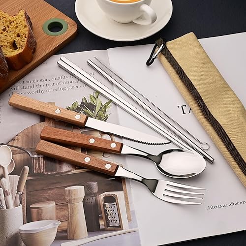 Miniatura 6 de JASHII Juego de cubiertos reutilizables de viaje, juego de cubiertos de acero inoxidable 304 con mango de madera, palillos y pajitas con diseño de