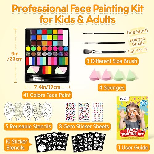Miniatura 2 de Mocoosy Kit de pintura facial de 41 colores para niños, paleta de pintura facial no tóxica activada por agua con plantillas, pinceles, gemas, kit de