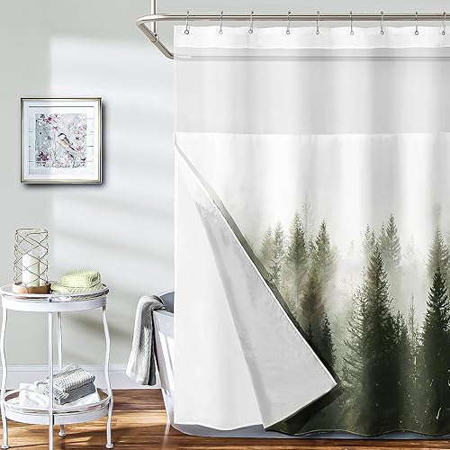 Miniatura 2 de ORTIGIA Misty Forest - Cortina de ducha con forro para baño, juego de cortina de ducha natural de doble capa verde oscuro con ventana superior