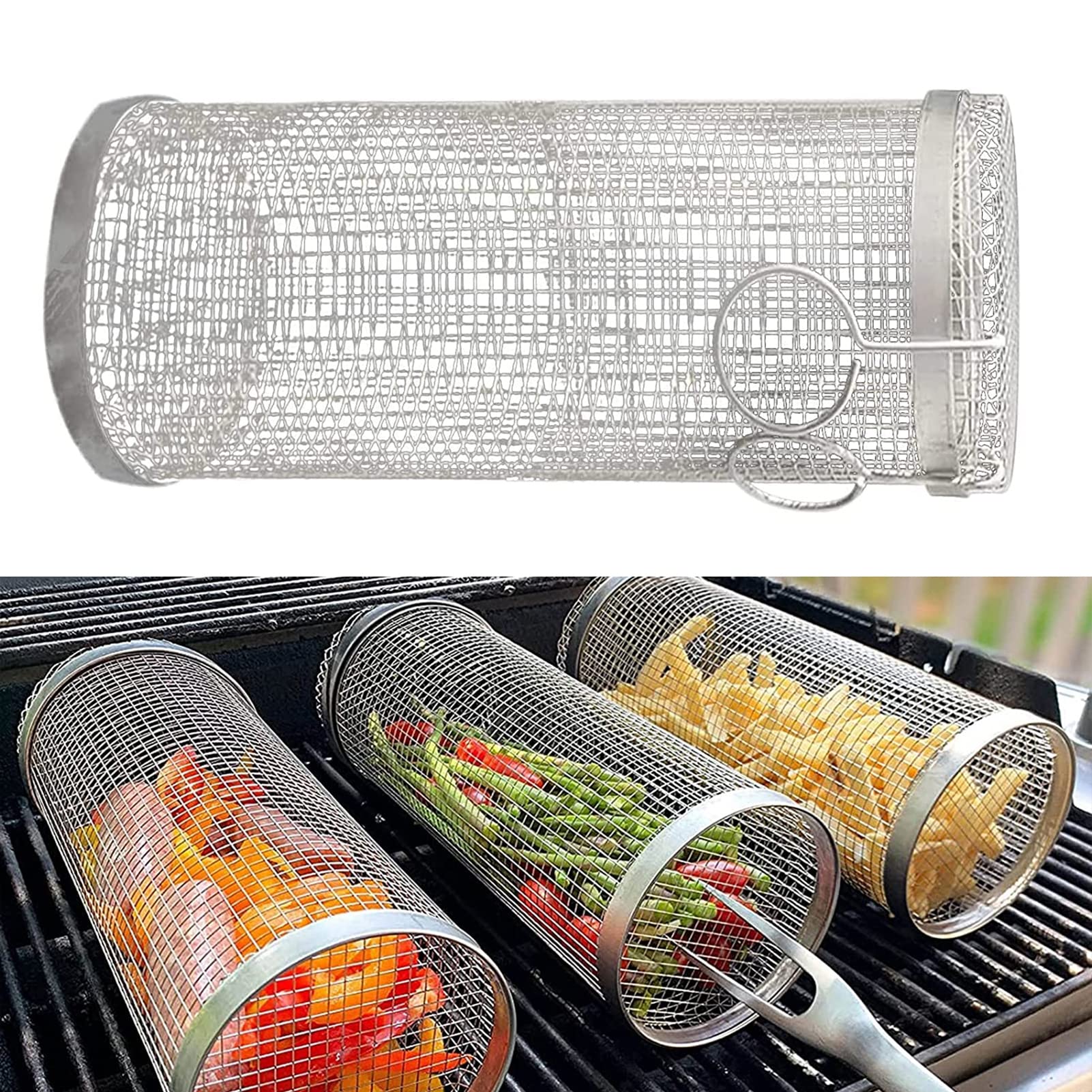 Eoweiot BBQ Rolling Grilling Basket, Stainless Steel Wire Mesh Cylinder Grill Basket,Cylinder Grilling Baskets for Grill Vegetables (4pack 20CM)