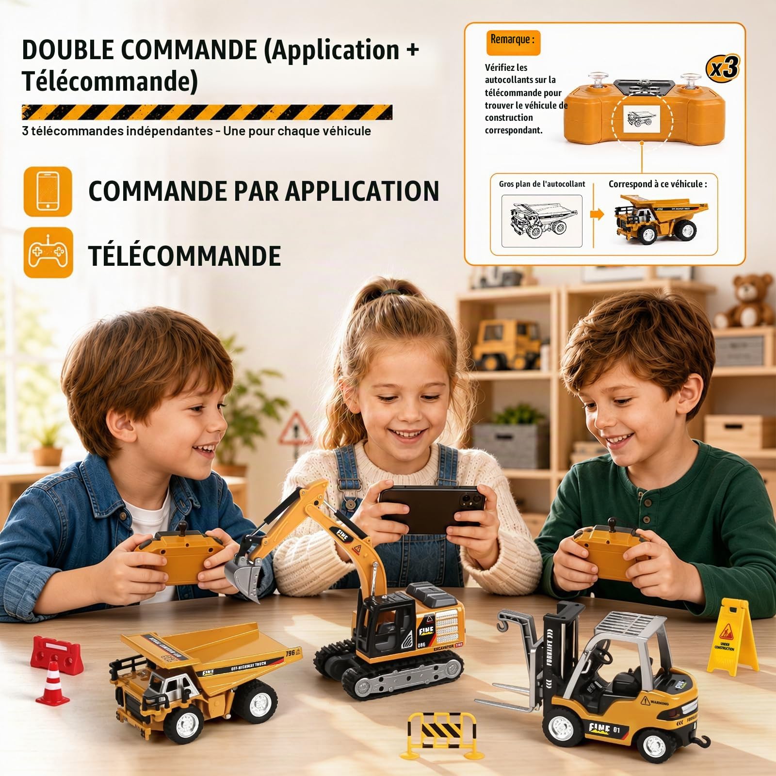 YESHIN Ensemble de véhicules de chantier RC 3 en 1, 1:64 Chariot élévateur télécommandé, pelle & camion benne basculante avec bac à sable & sable de jeu, 2,4GHz jouet de chantier télécommandé pour