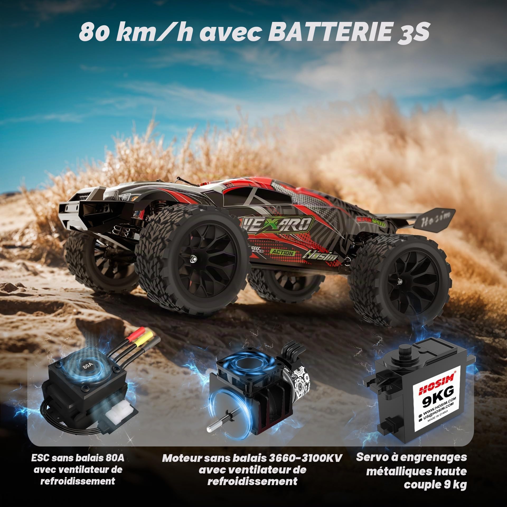 Hosim Voiture télécommandée à partir de 14 ans, 1:8 Brushless RC voiture 70+ km/h, haute vitesse, 4 x 4 tout-terrain, étanche, grande voiture RC pour adultes, Truggy tout-terrain 50+ min de temps de