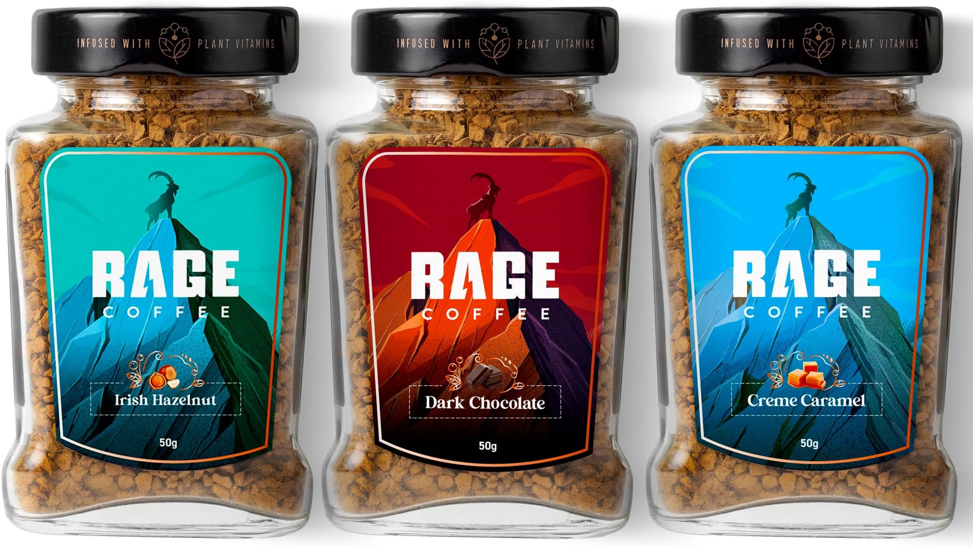 Rage Coffee Combo Pack of 3 - Irish Hazelnut & Dark Chocolate & Creme Caramel Flavoured Ground Coffee 50 Gms Each, Glass Bottle