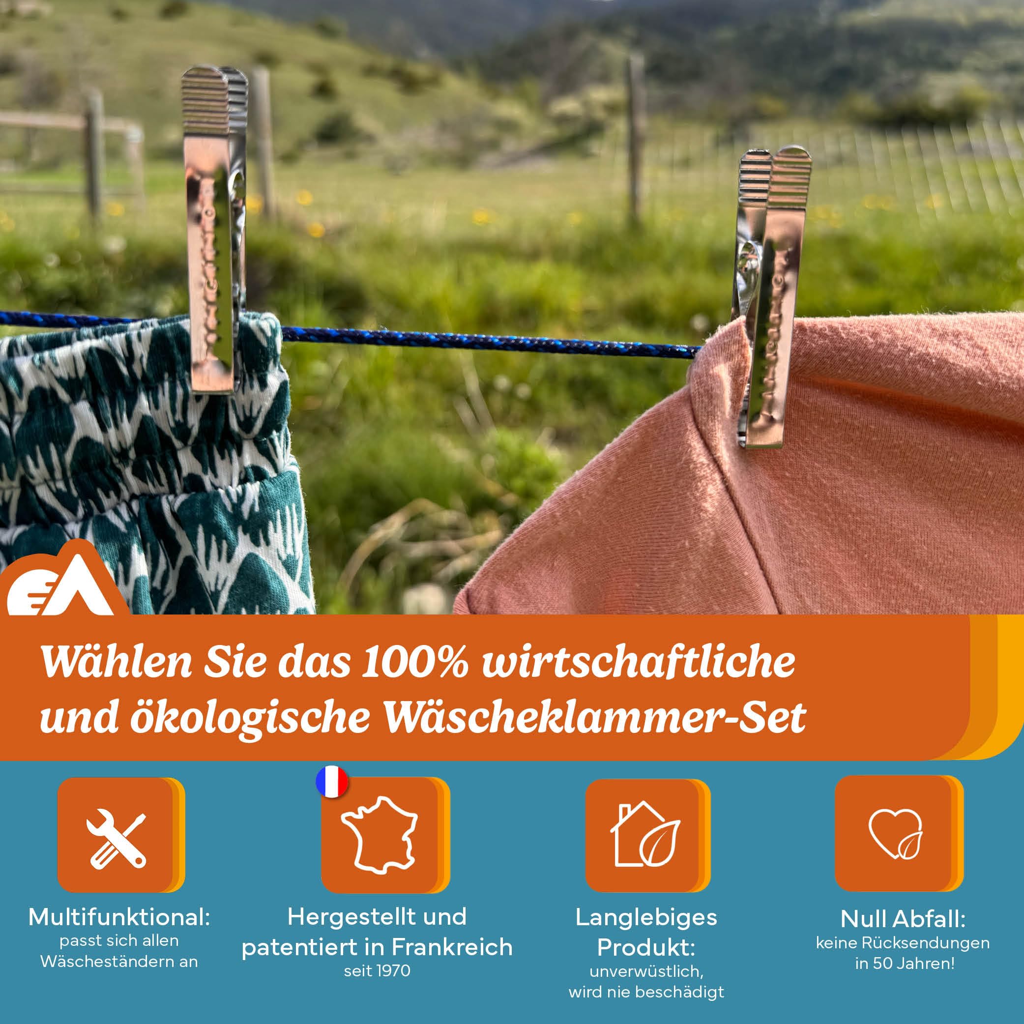 Wild PinUps:100 Unzerbrechliche Edelstahl Wäscheklammern Pincinox mit Wäscheklammerbeutel und Karabiner. Für Waschküche, Wäscheleine, Wäschespinne. Robuste und langlebige Wäscheklammern Made in France