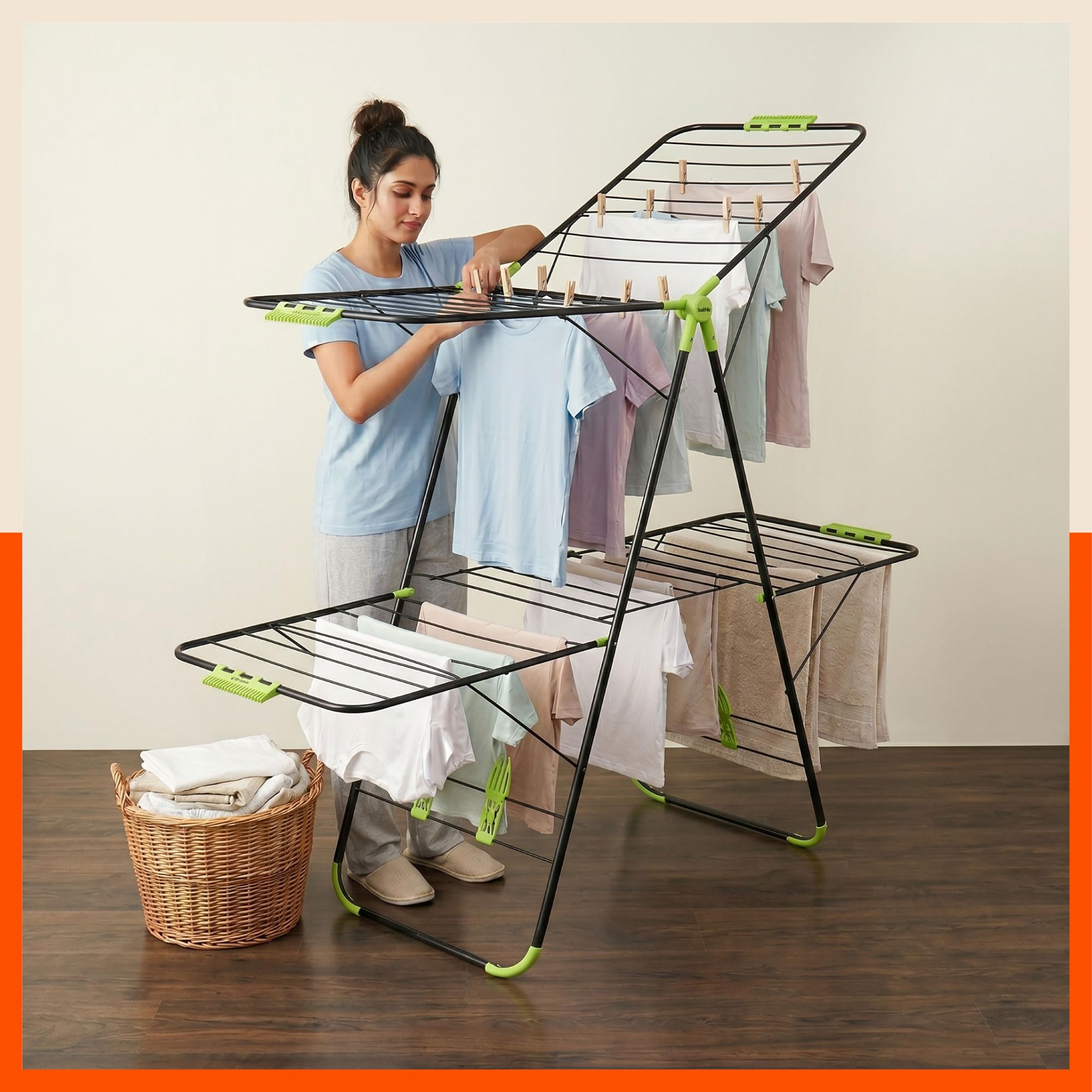 Bathla Mobidry Neo+ 2-Level Foldable Alloy Steel Cloth Drying Stand for Home with Socks Holder (XL) | 2 Year Warranty | (Made in India)