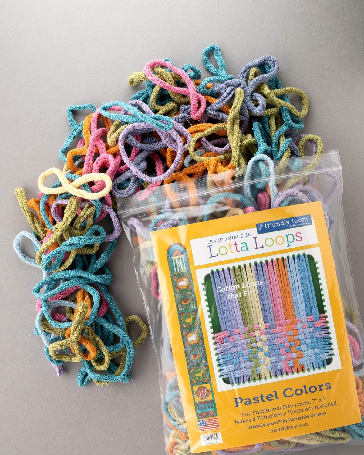 Friendly Loom Lotta Loops 7" Standard Size Pastel Cotton Loops Makes 8 Potholders, Weaving, Crafts for Kids and Adults-Assorted Colors by Harrisville Designs