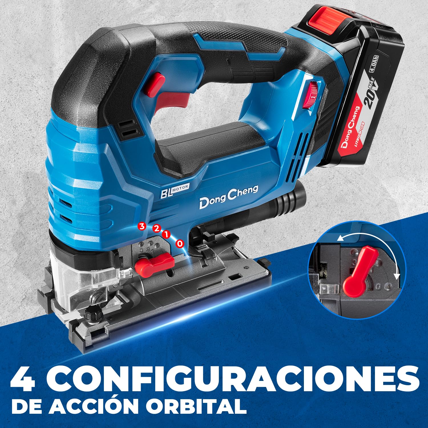 Dong Cheng Sierra de Calar 18V Sin Escobillas | Orbital 800-3500 c.p.m. | Inglete 0-45° | 6 Velocidades | Con Doble LED, Soplador, Batería 4Ah, Cargador, 6 Hojas & Maletín