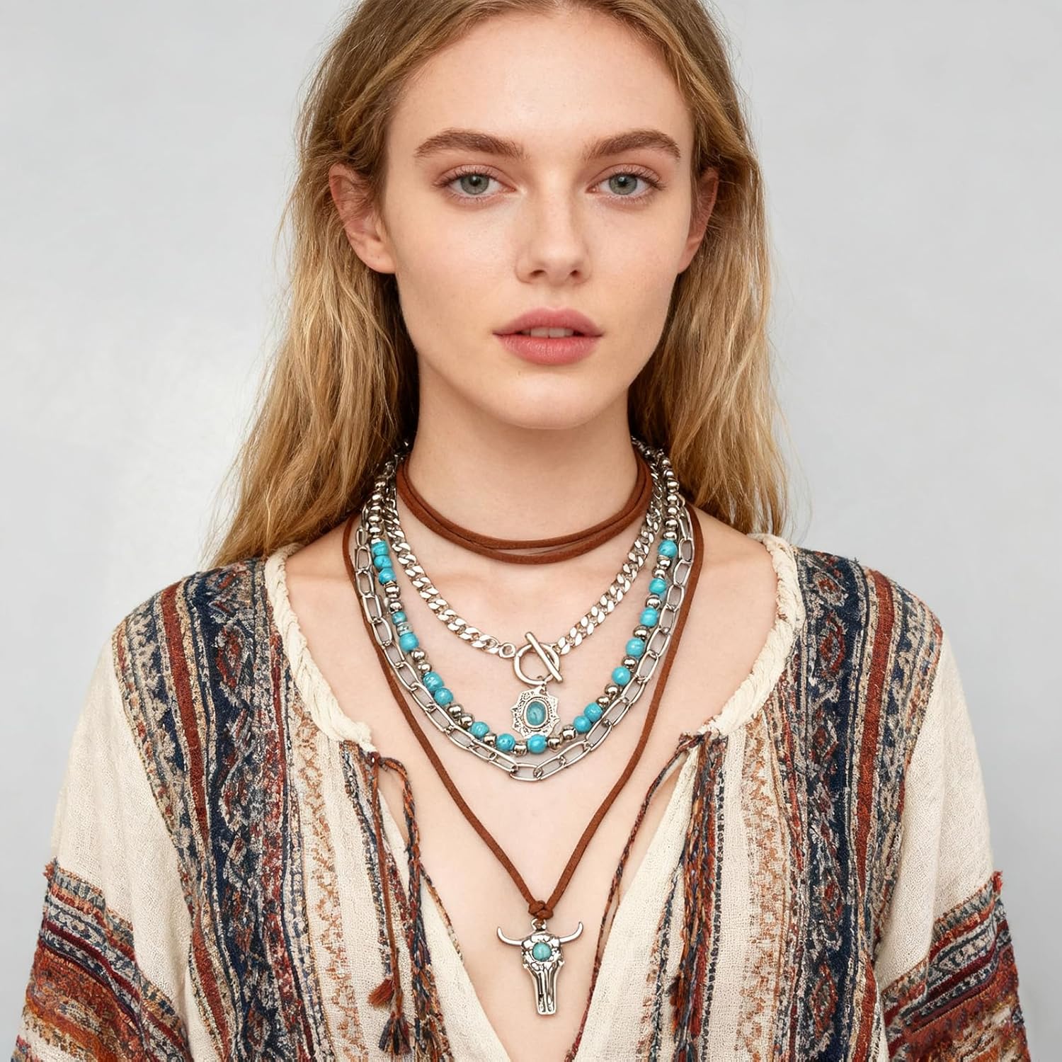 Western Jewelry for Women,Western Necklaces Boho Layered Charm Necklace,Turquoise Beaded Choker Ox-head Pendant Necklace,Country Concert Cowgirl Dresses Accessories - Image 7